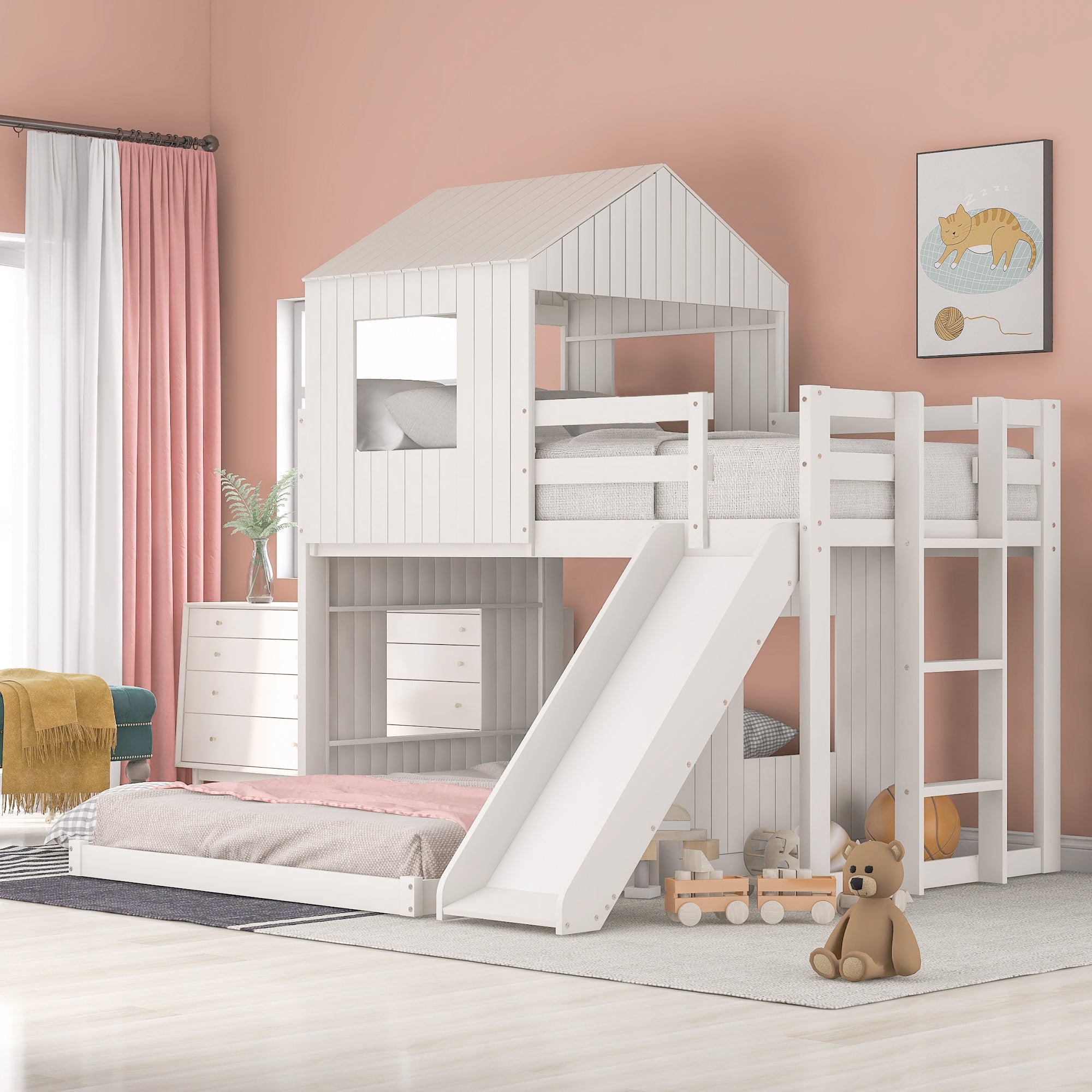 Wooden Twin Over Full Bunk Bed, Loft Bed with Playhouse, Farmhouse, Ladder, Slide and Guardrails