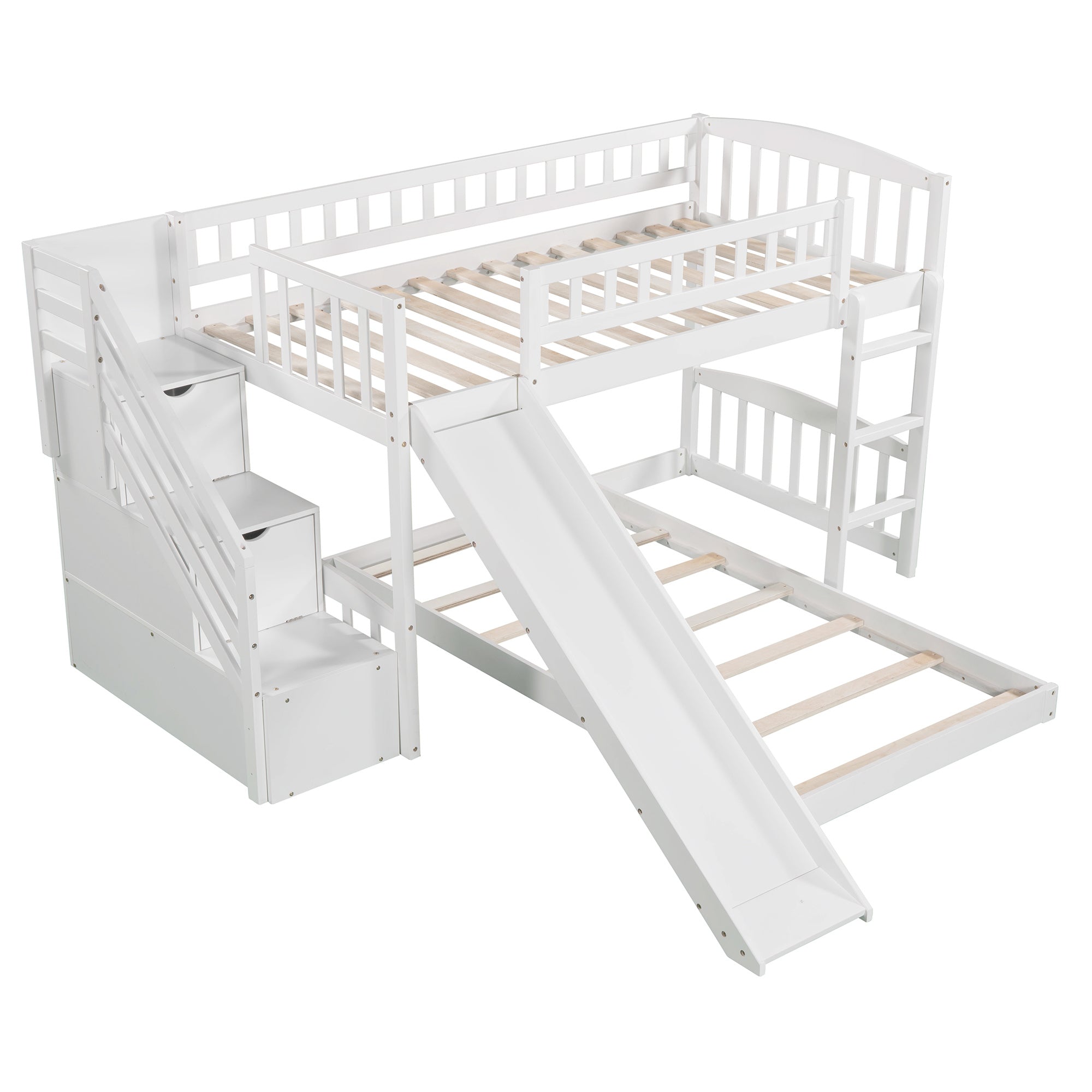 Stairway Twin over Twin Bunk Bed with Two Drawers and Slide