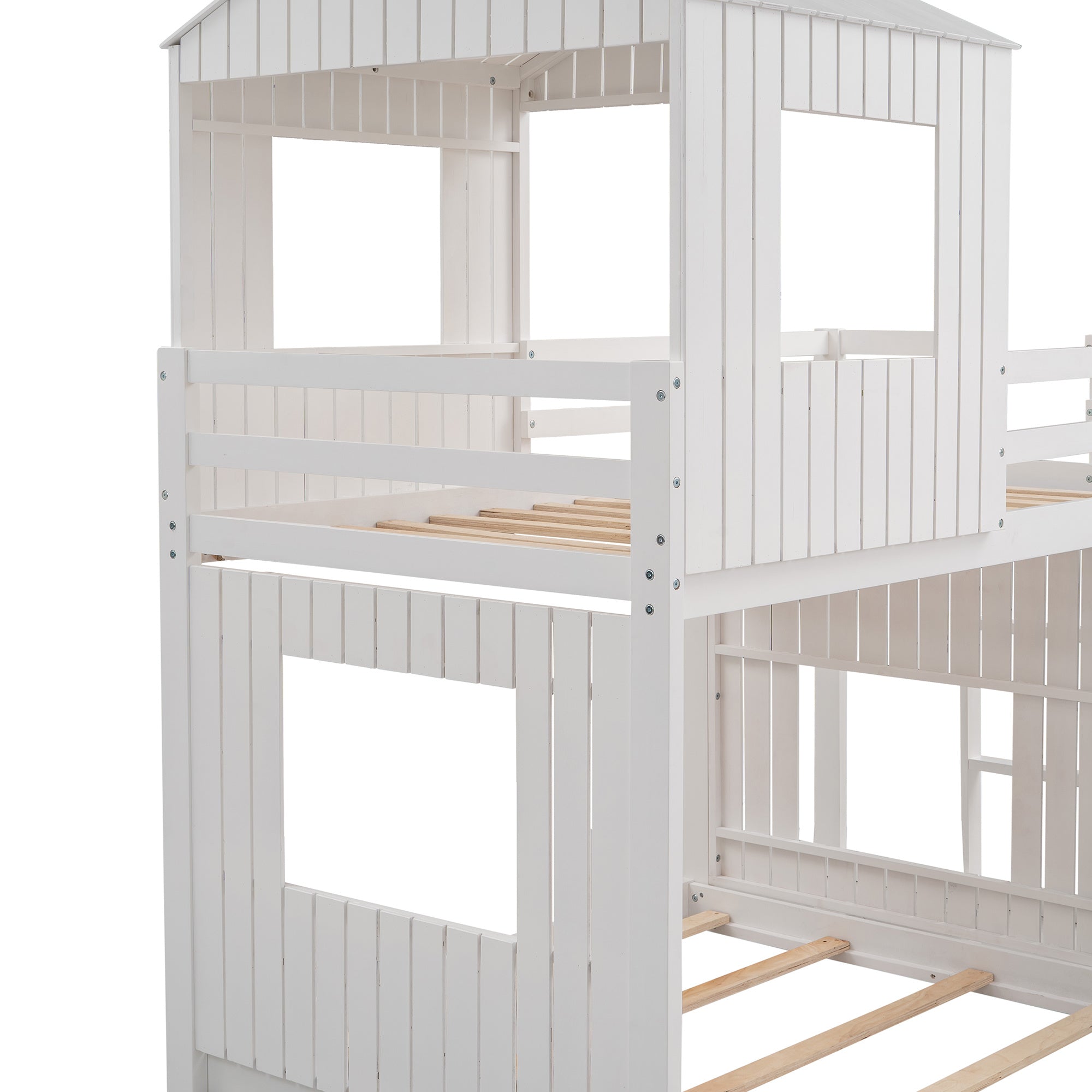 Wooden Twin Over Full Bunk Bed, Loft Bed with Playhouse, Farmhouse, Ladder, Slide and Guardrails