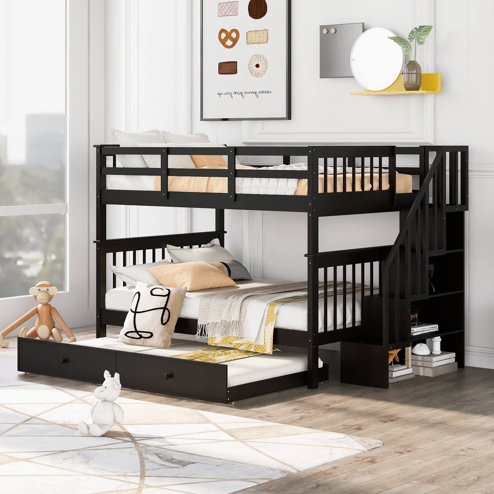 Stairway Full-Over-Full Bunk Bed with Twin size Trundle;  Storage and Guard Rail for Bedroom;  Dorm