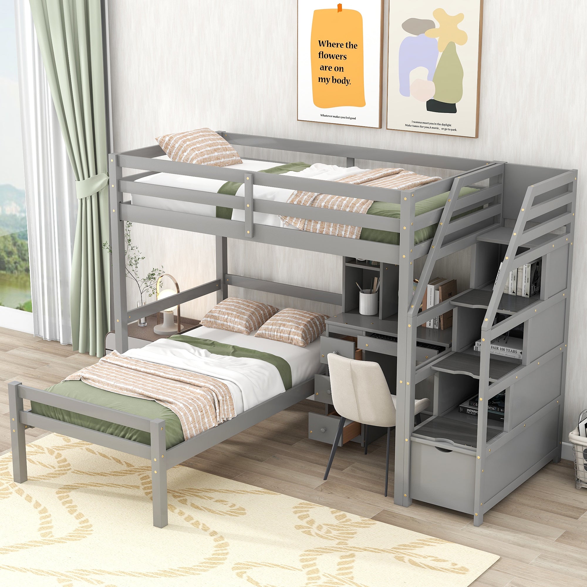 Twin Size Loft Bed with a Stand-alone Bed;  Storage Staircase;  Desk;  Shelves and Drawers