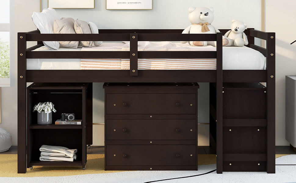 Low Study Full Loft Bed with Cabinet ; Shelves and Rolling Portable Desk ; Multiple Functions Bed