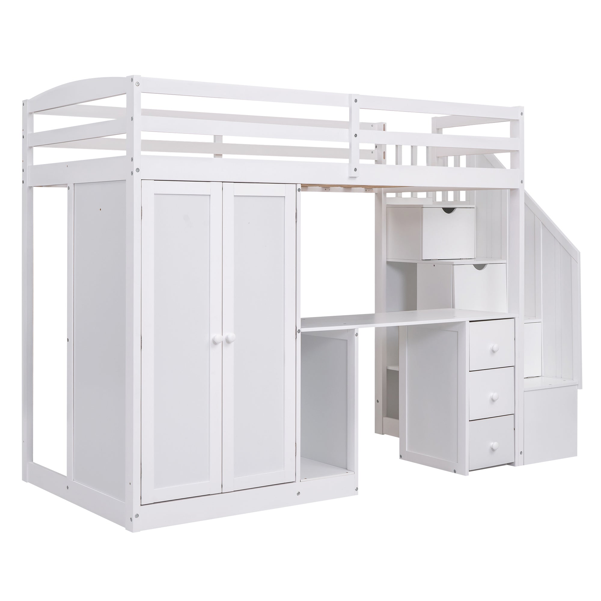 Twin Size Loft Bed with Wardrobe and Staircase;  Desk and Storage Drawers and Cabinet in 1