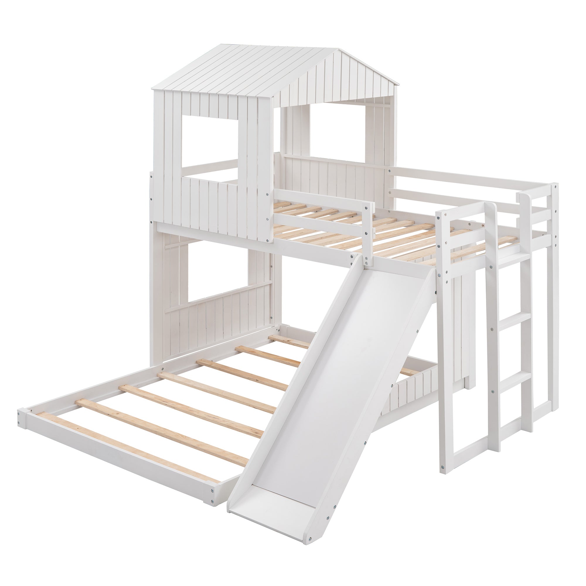 Wooden Twin Over Full Bunk Bed, Loft Bed with Playhouse, Farmhouse, Ladder, Slide and Guardrails