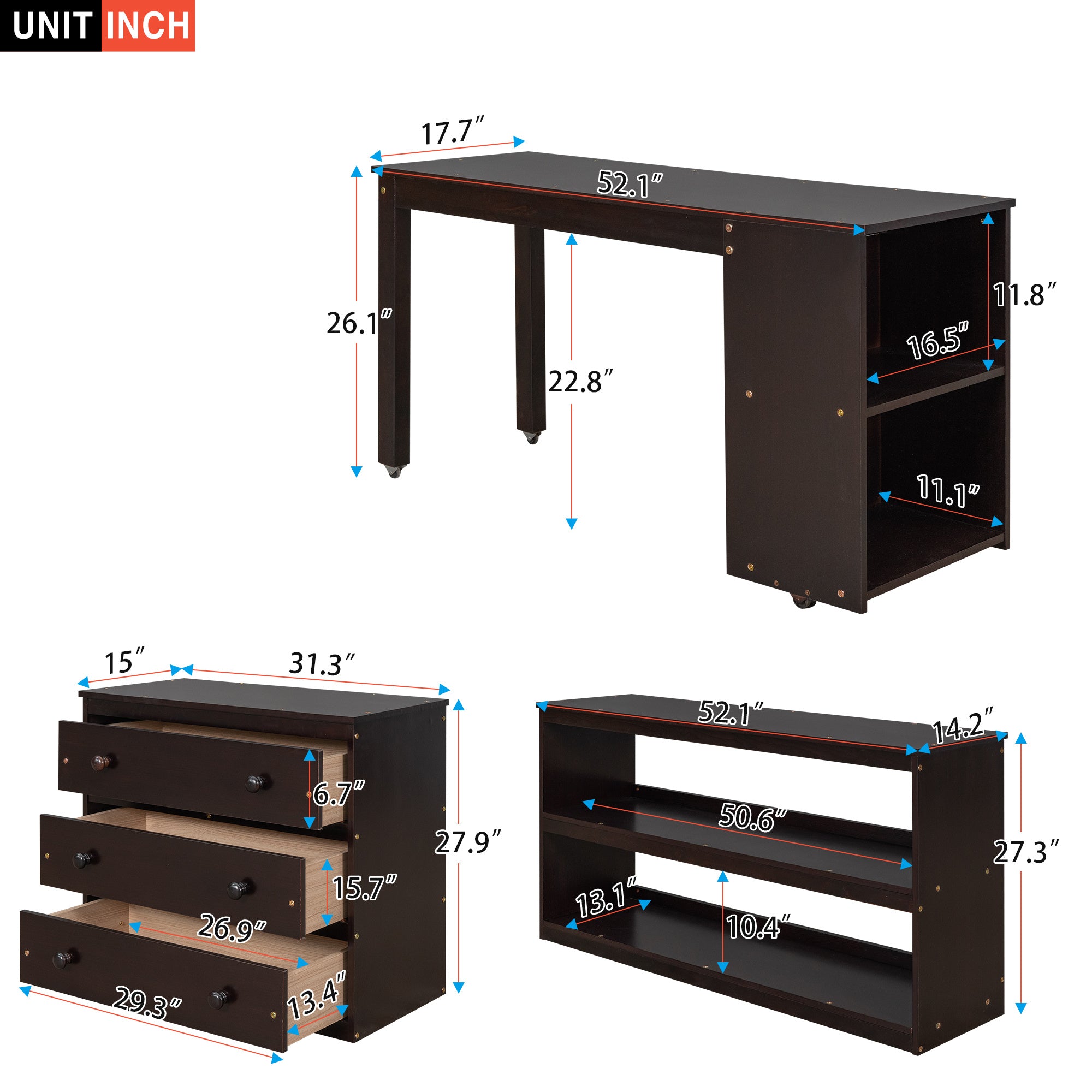 Low Study Full Loft Bed with Cabinet ; Shelves and Rolling Portable Desk ; Multiple Functions Bed