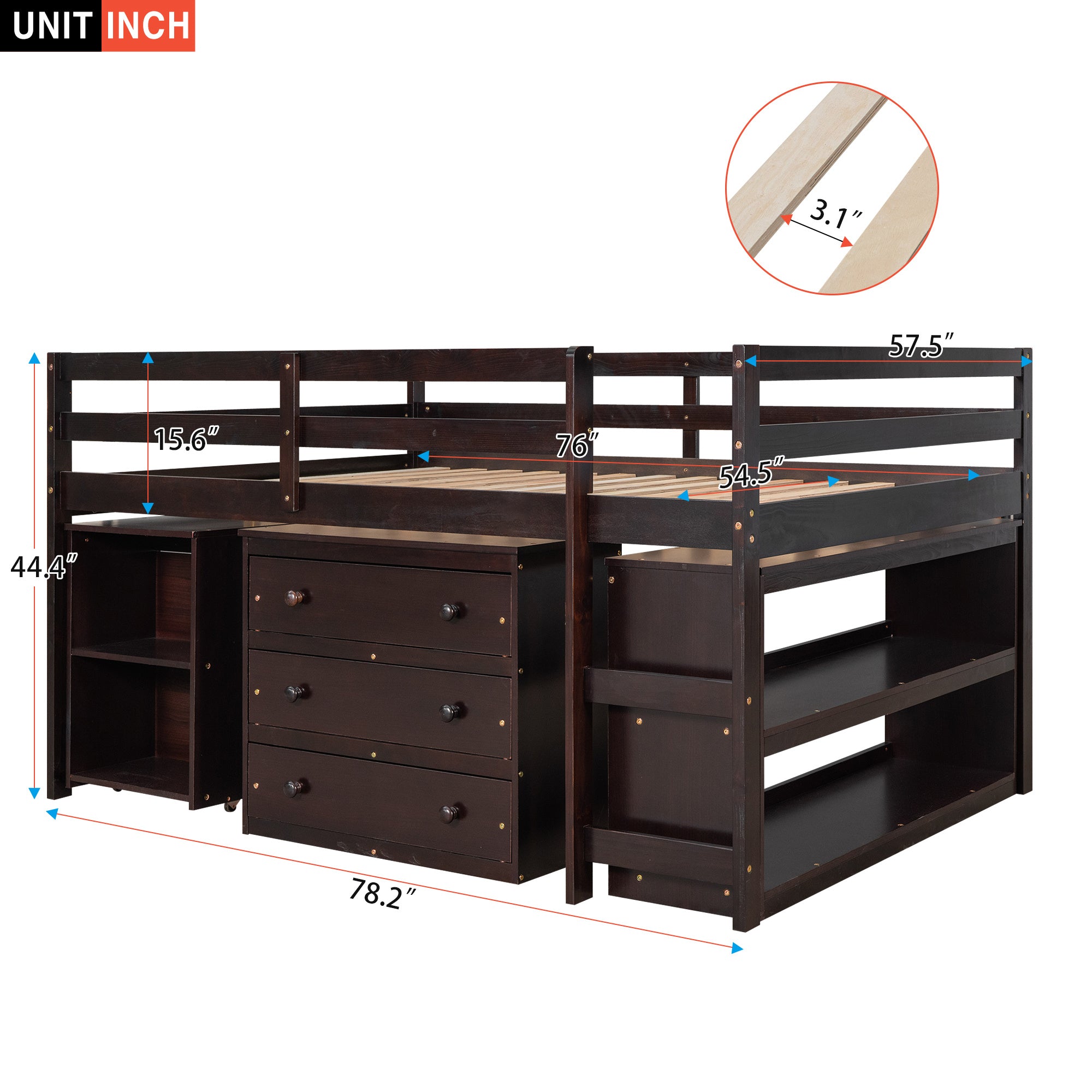 Low Study Full Loft Bed with Cabinet ; Shelves and Rolling Portable Desk ; Multiple Functions Bed