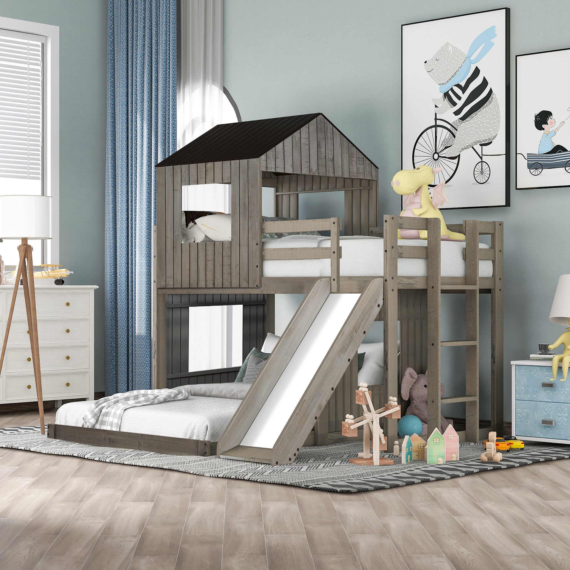 Wooden Twin Over Full Bunk Bed, Loft Bed with Playhouse, Farmhouse, Ladder, Slide and Guardrails