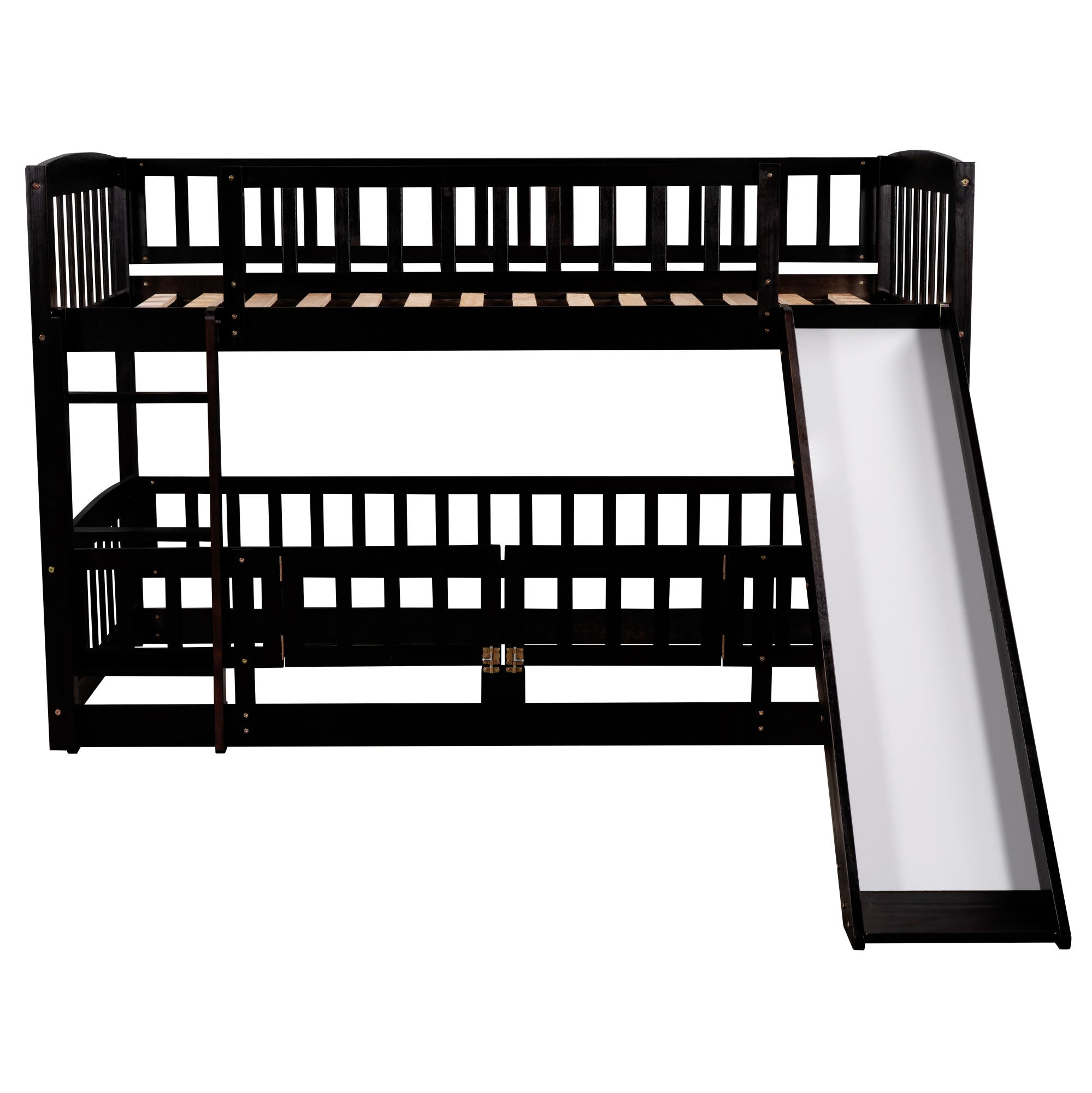 Bunk Bed with Slide; Twin Over Twin Low Bunk Bed with Fence and Ladder for Toddler Kids Teens