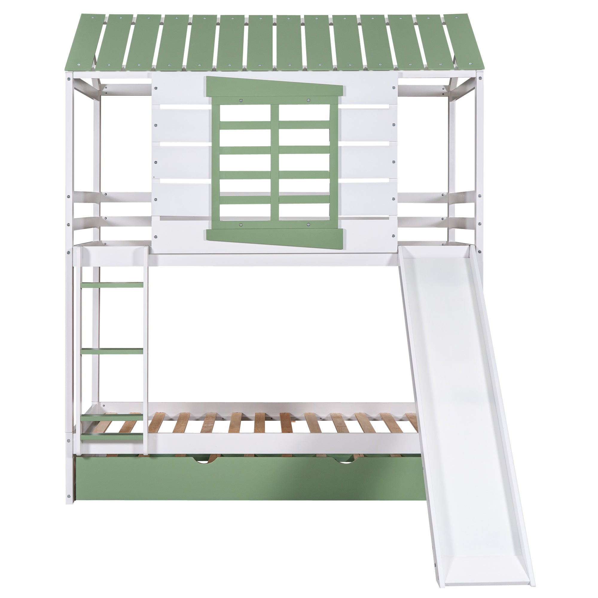 Twin over Twin Size House Bunk Bed with Convertible Slide and Trundle