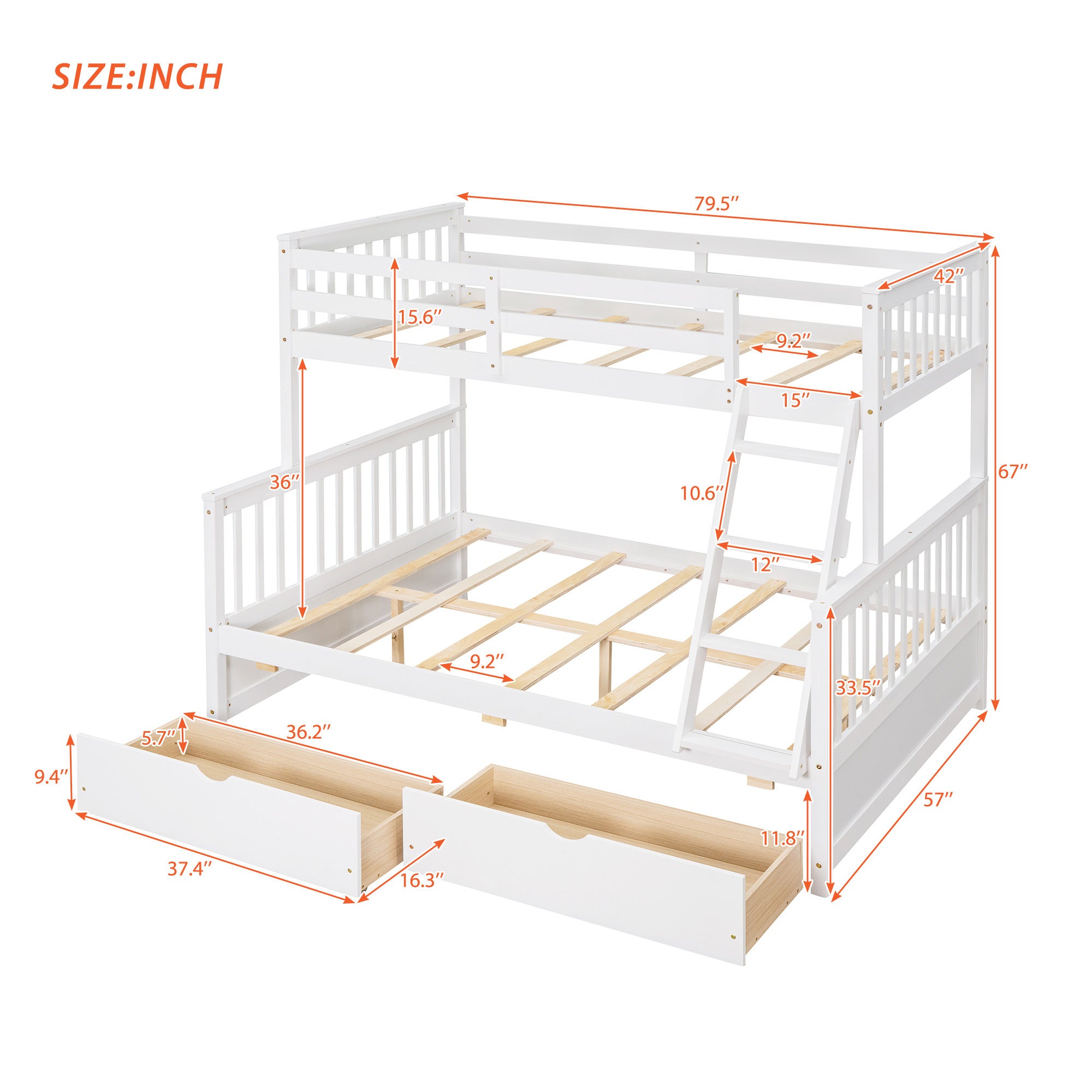 Twin-Over-Full Bunk Bed with Ladders and Two Storage Drawers