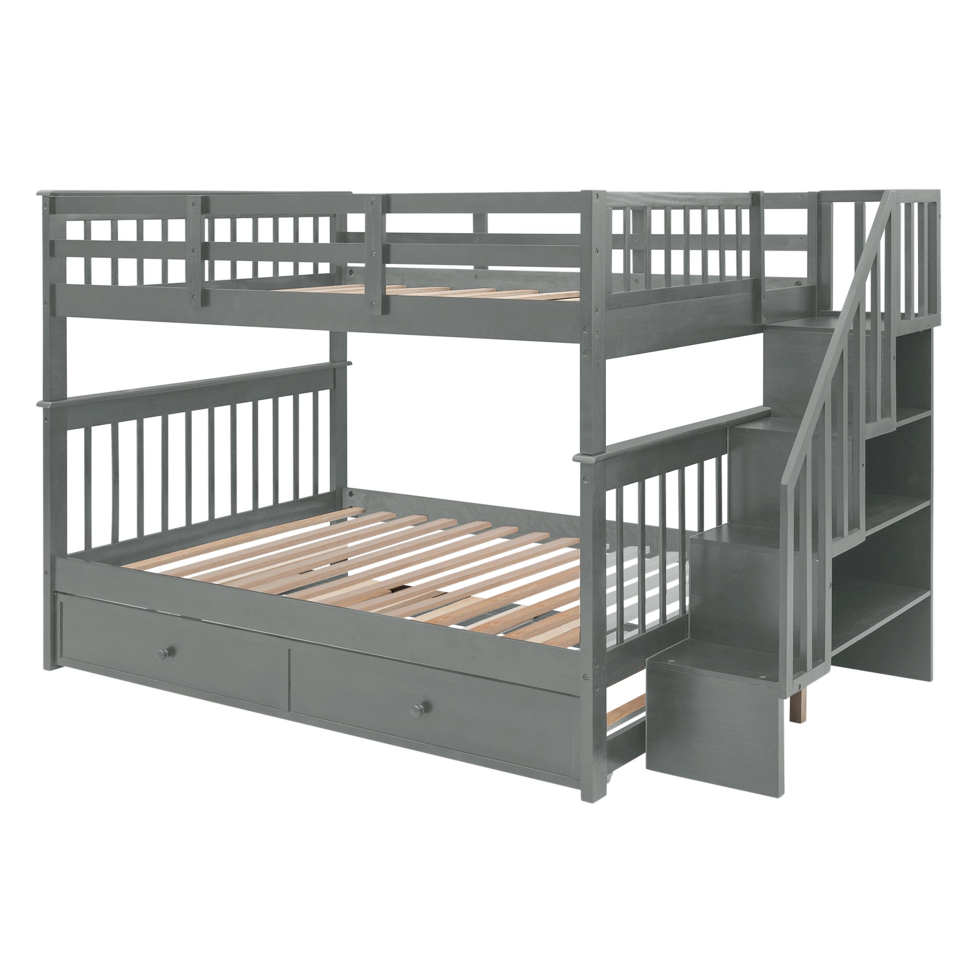 Stairway Full-Over-Full Bunk Bed with Twin size Trundle;  Storage and Guard Rail for Bedroom;  Dorm