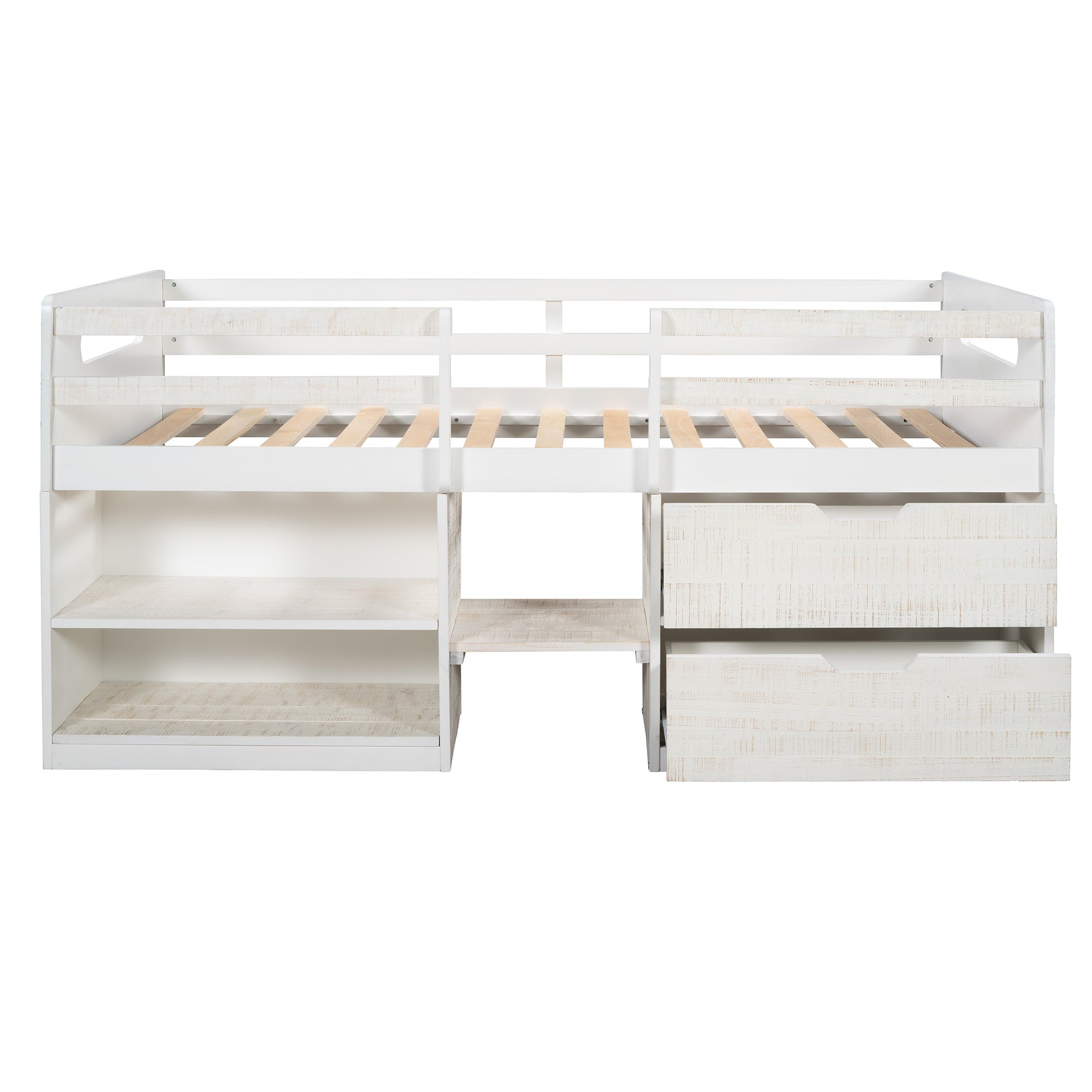 Twin size Loft Bed with Two Shelves and Two drawers