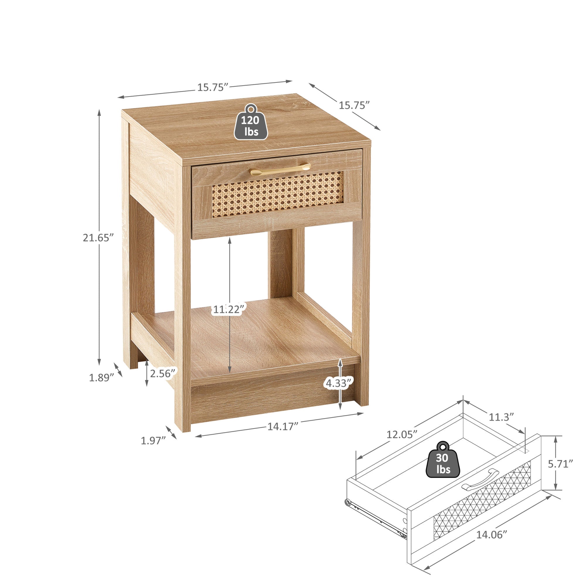 15.75" Rattan End table with drawer, Modern nightstand, side table for living roon, bedroom,natural