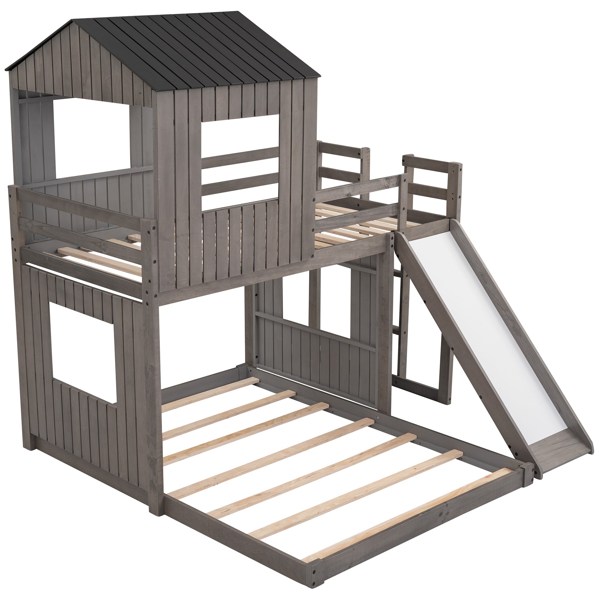 Wooden Twin Over Full Bunk Bed, Loft Bed with Playhouse, Farmhouse, Ladder, Slide and Guardrails