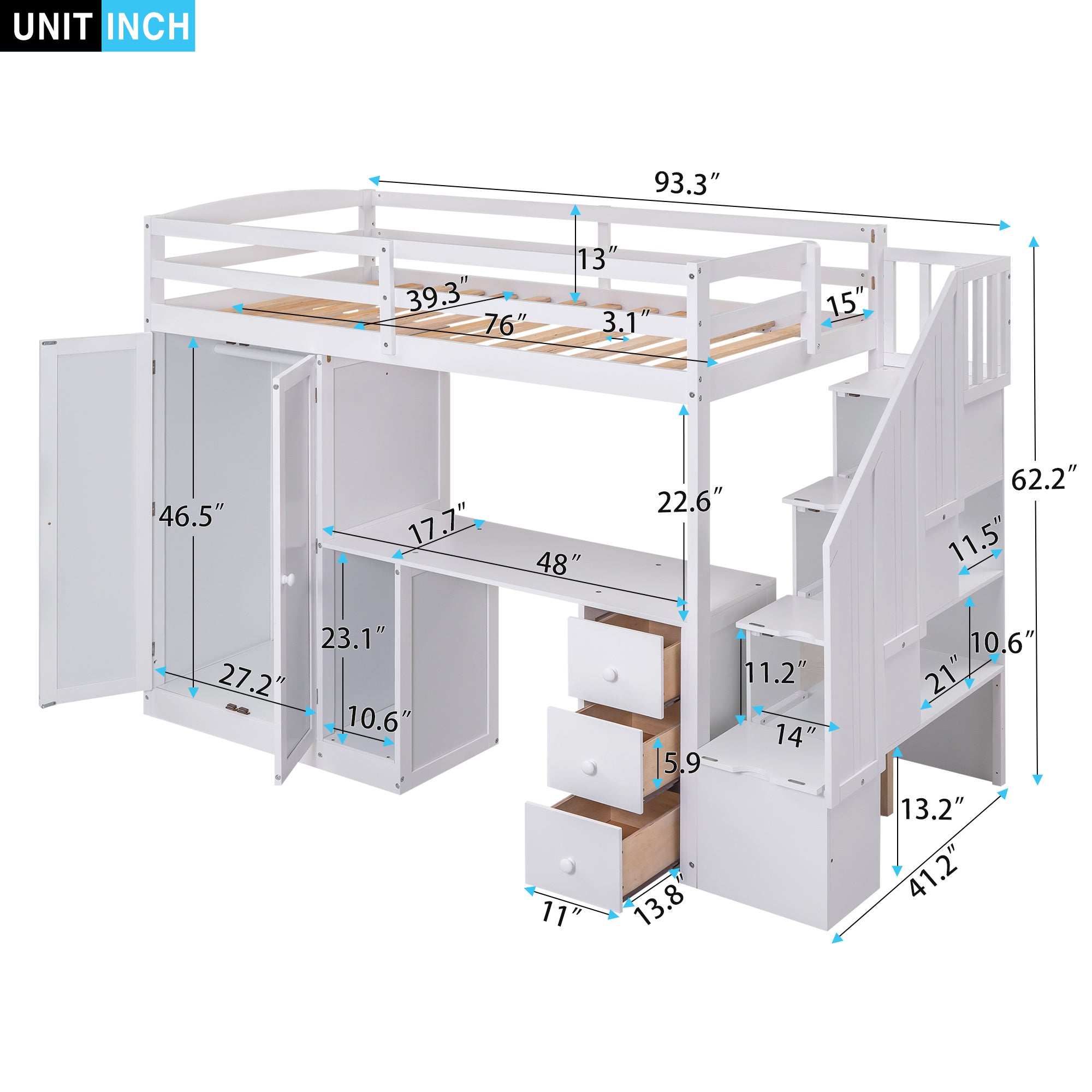 Twin Size Loft Bed with Wardrobe and Staircase;  Desk and Storage Drawers and Cabinet in 1