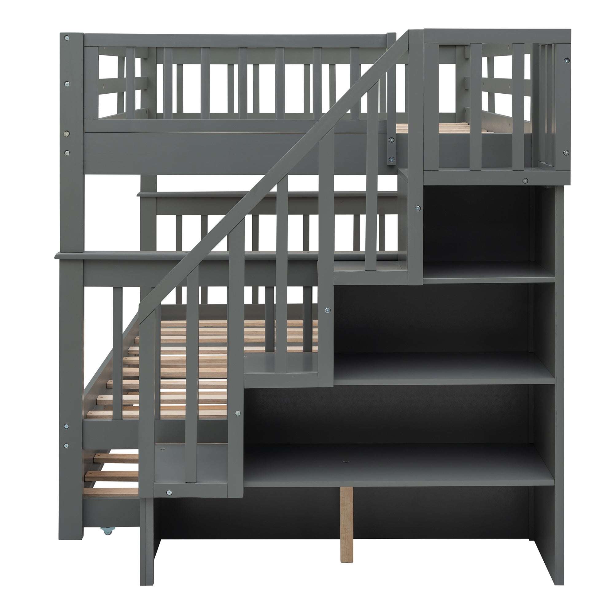 Stairway Full-Over-Full Bunk Bed with Twin size Trundle;  Storage and Guard Rail for Bedroom;  Dorm