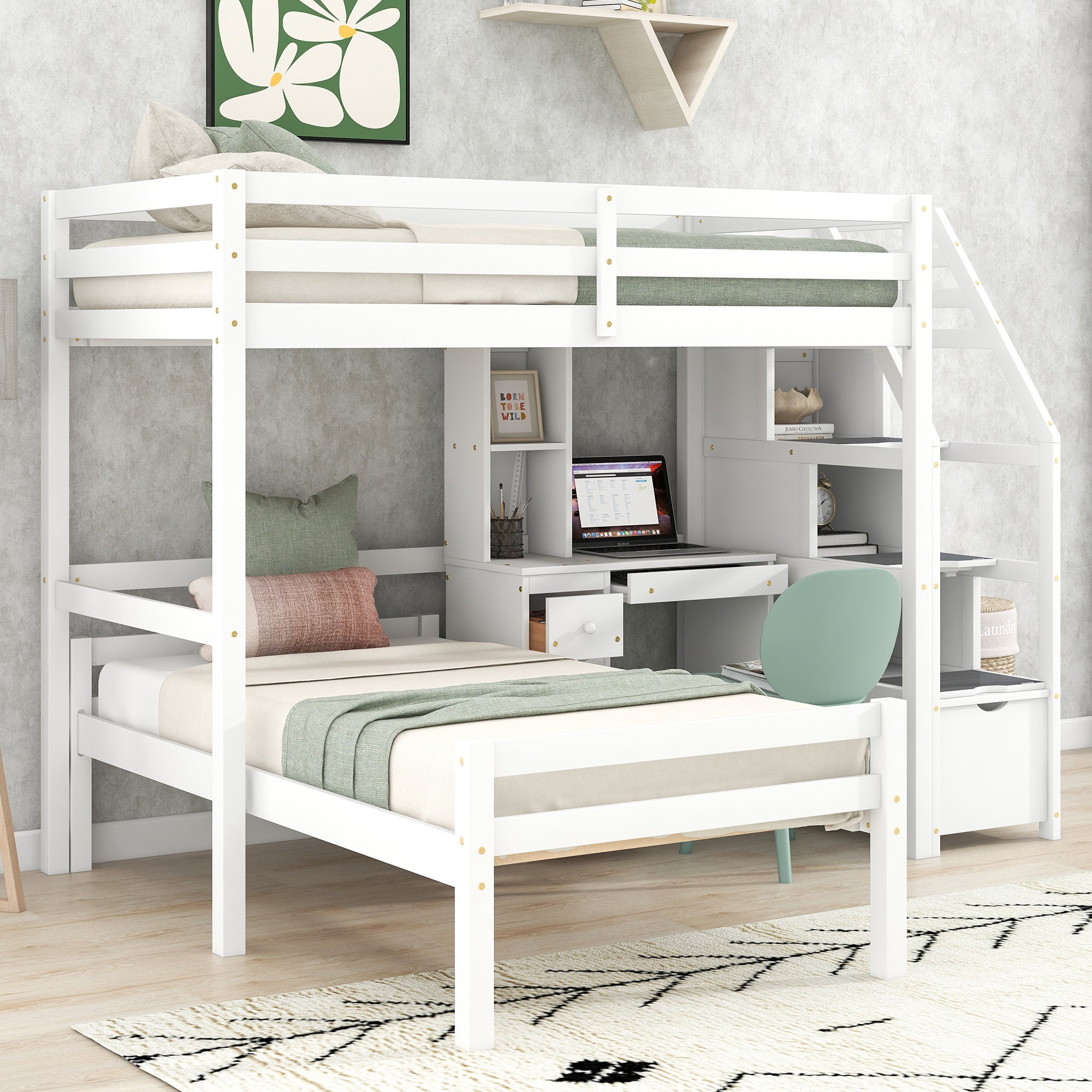 Twin Size Loft Bed with a Stand-alone Bed;  Storage Staircase;  Desk;  Shelves and Drawers