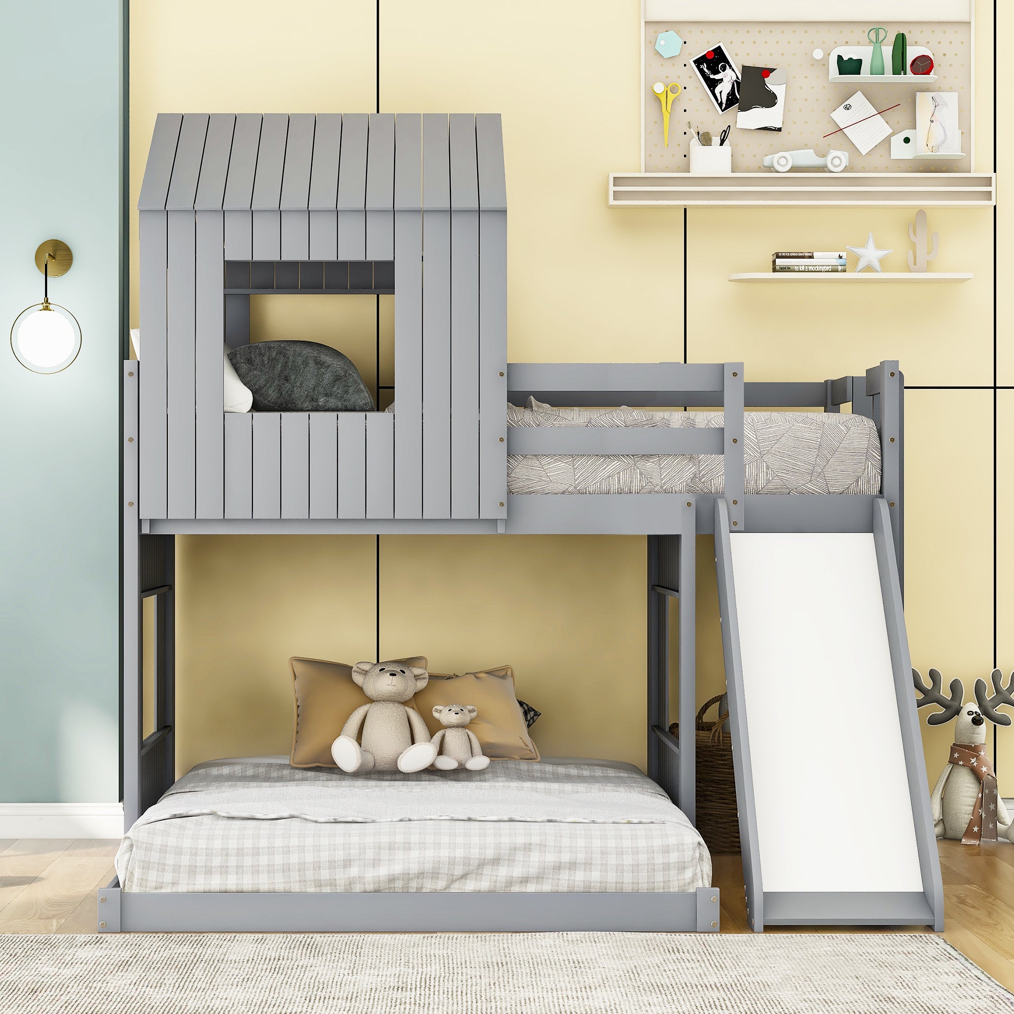 Wooden Twin Over Full Bunk Bed, Loft Bed with Playhouse, Farmhouse, Ladder, Slide and Guardrails