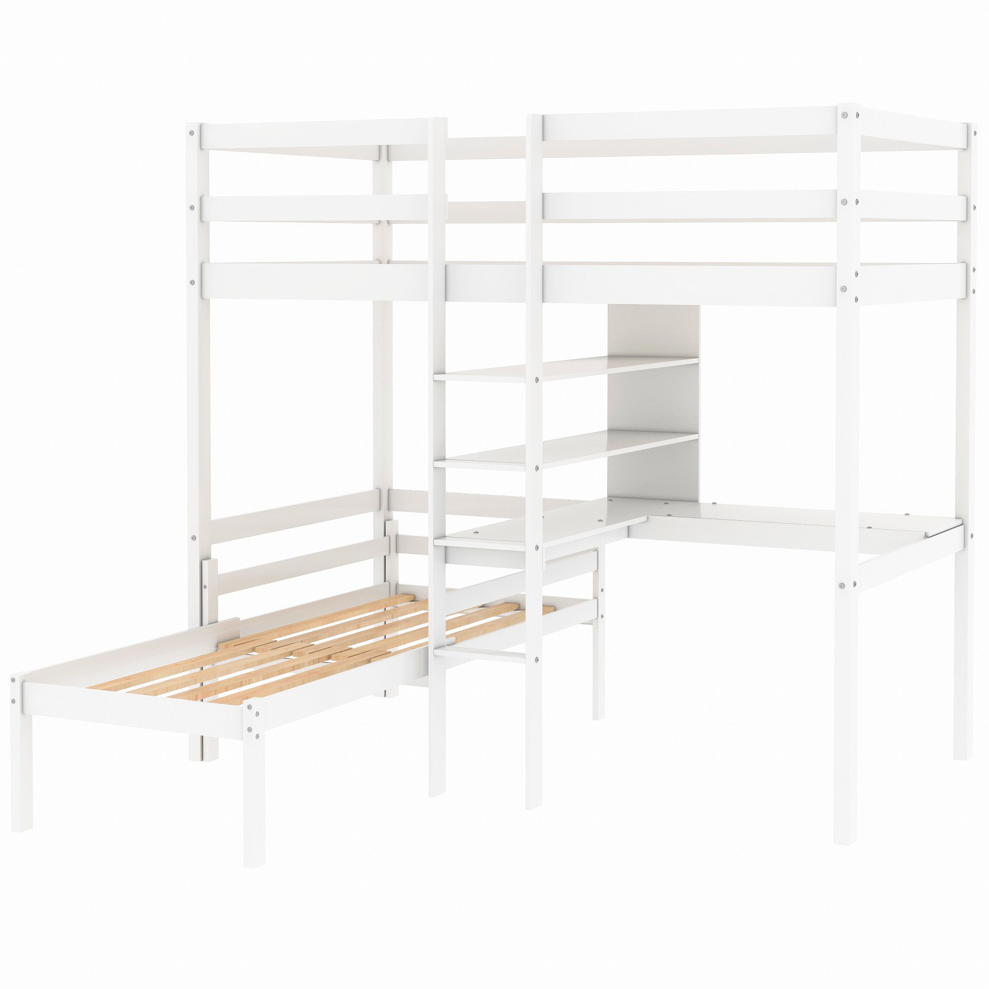 Convertible Loft Bed with L-Shape Desk, Twin Bunk Bed with Shelves and Ladder