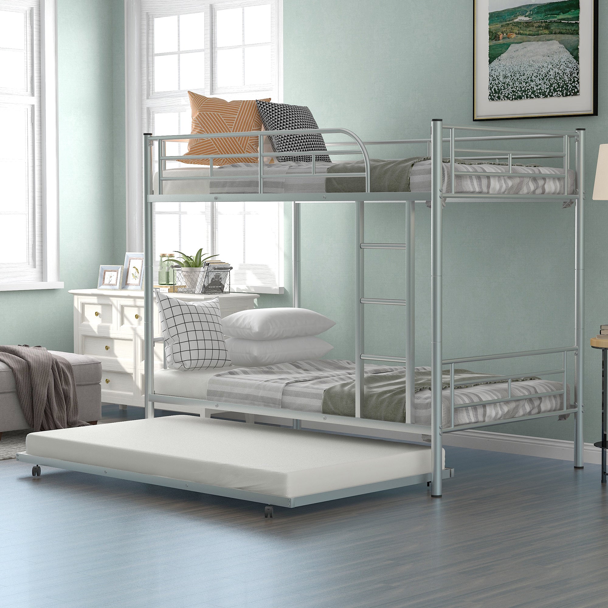 Twin-Over-Twin Metal Bunk Bed With Trundle,Can be Divided into two beds,No Box Spring needed