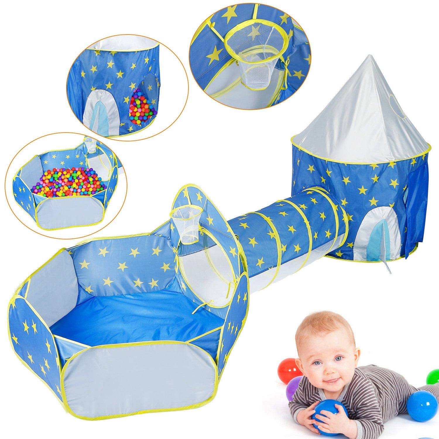 3 In 1 Child Crawl Tunnel Tent Kids Play Tent Ball Pit Set Foldable Children Play House Pop-up Kids Tent w/Storage Bag