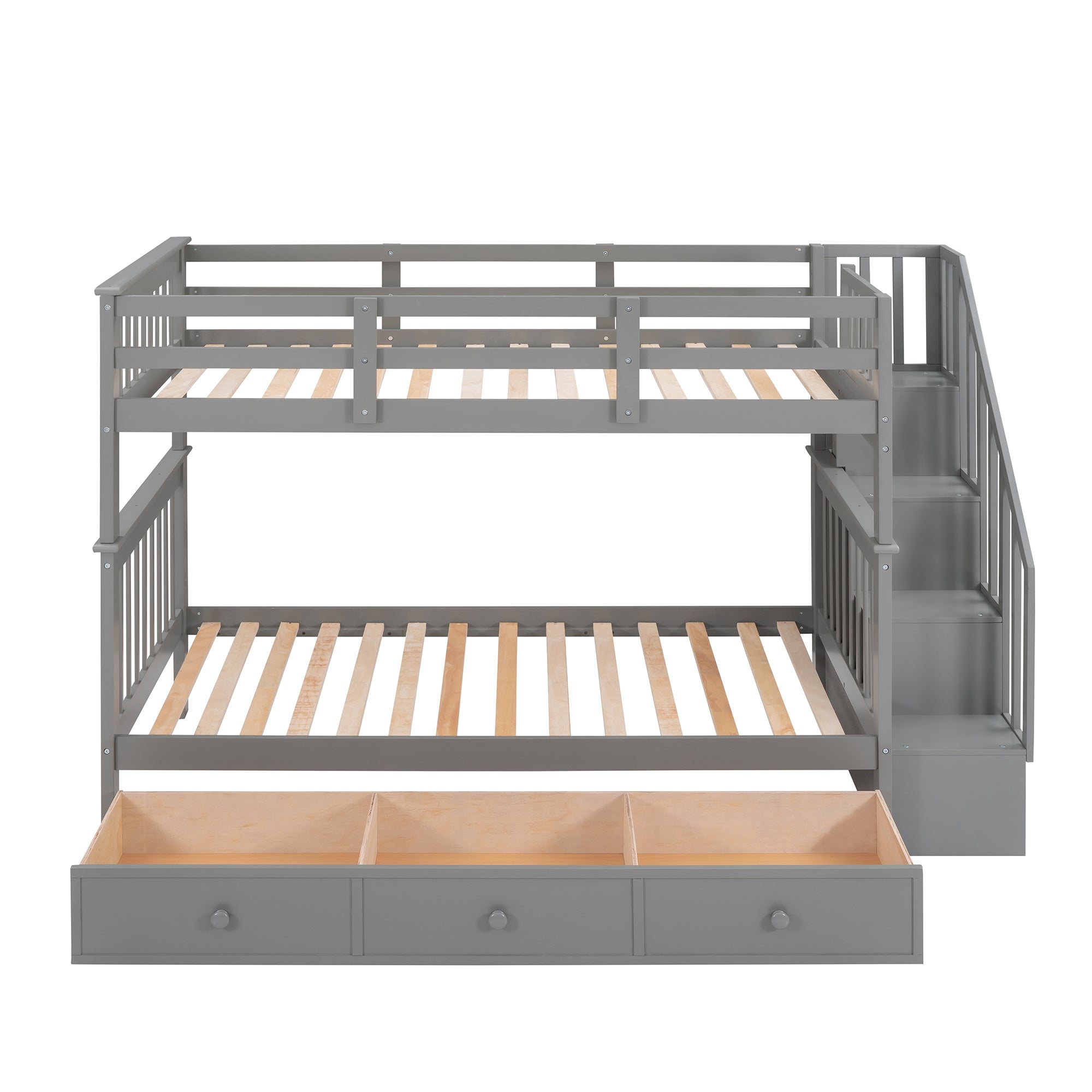 Stairway Twin-Over-Twin Bunk Bed with Three Drawers for Bedroom, Dorm - Gray