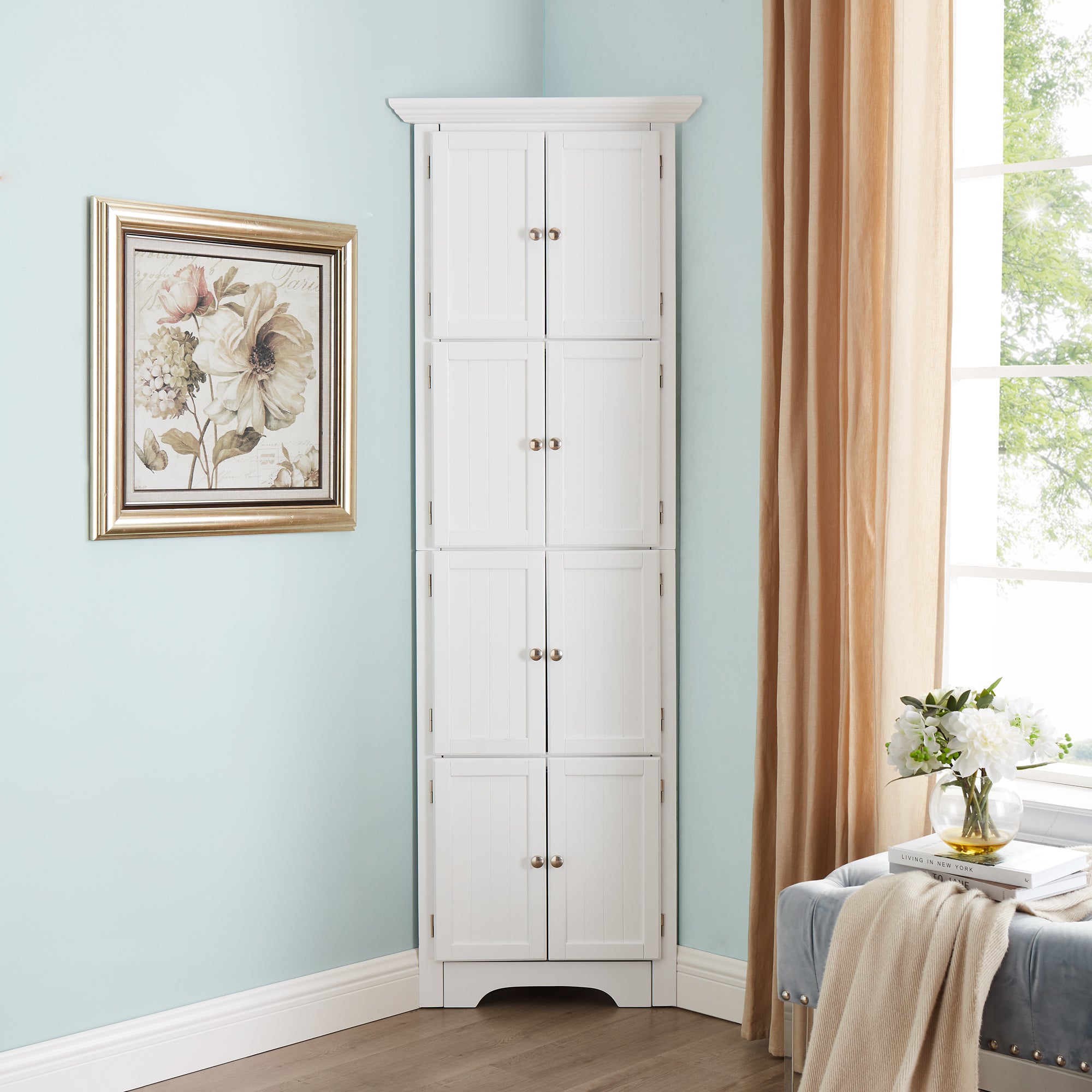 Tall Storage Cabinet with Doors and 4 Shelves for Living Room, Kitchen, Office, Bedroom, Bathroom, Modern, White