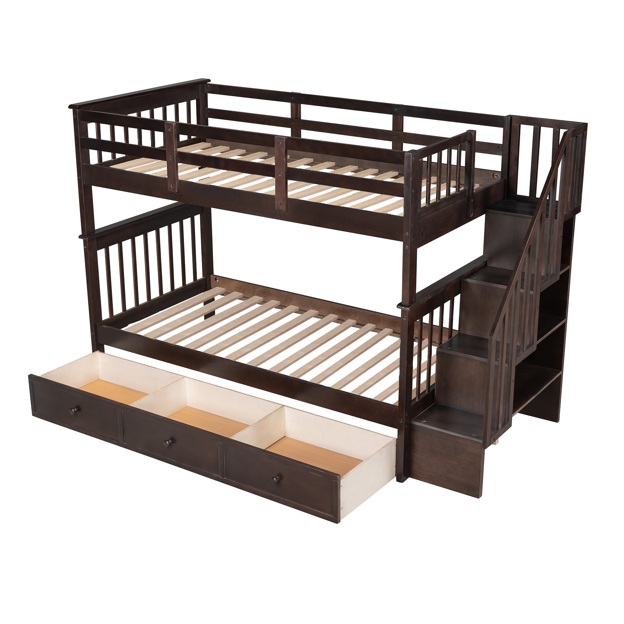 Stairway Twin-Over-Twin Bunk Bed with Three Drawers for Bedroom, Dorm - Gray