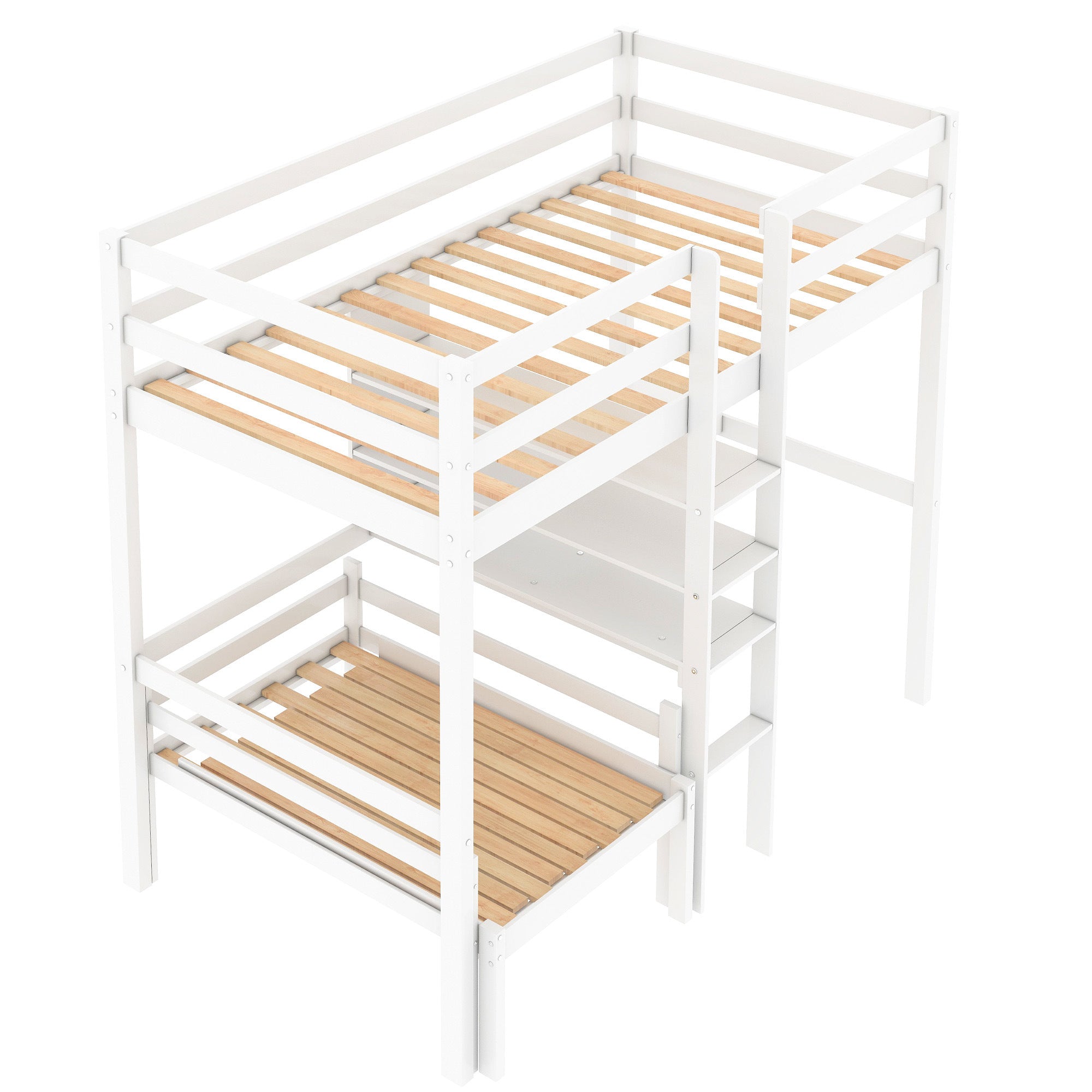 Convertible Loft Bed with L-Shape Desk, Twin Bunk Bed with Shelves and Ladder