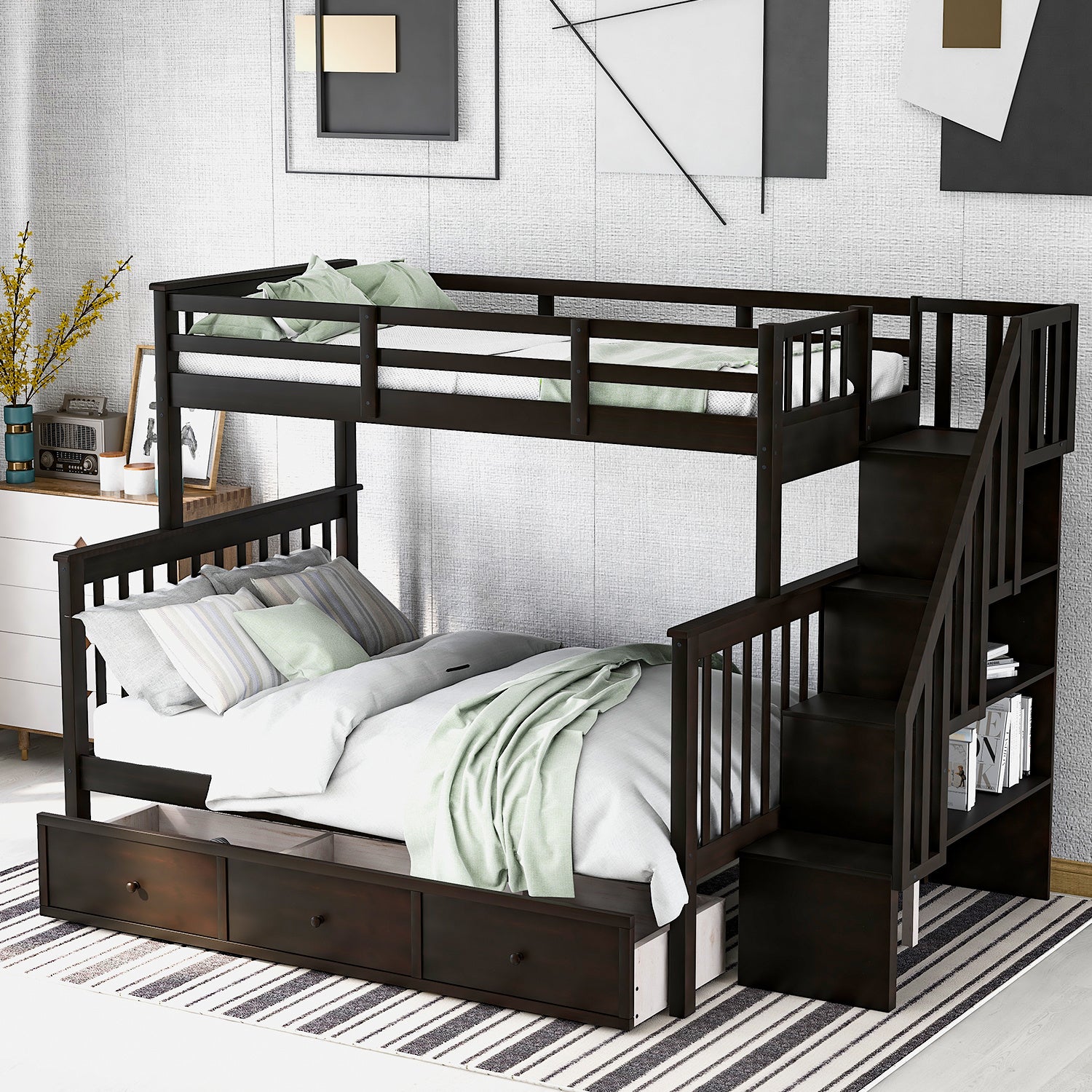 Stairway Twin-Over-Full Bunk Bed with Drawer;  Storage and Guard Rail for Bedroom;  Dorm;  for Adults