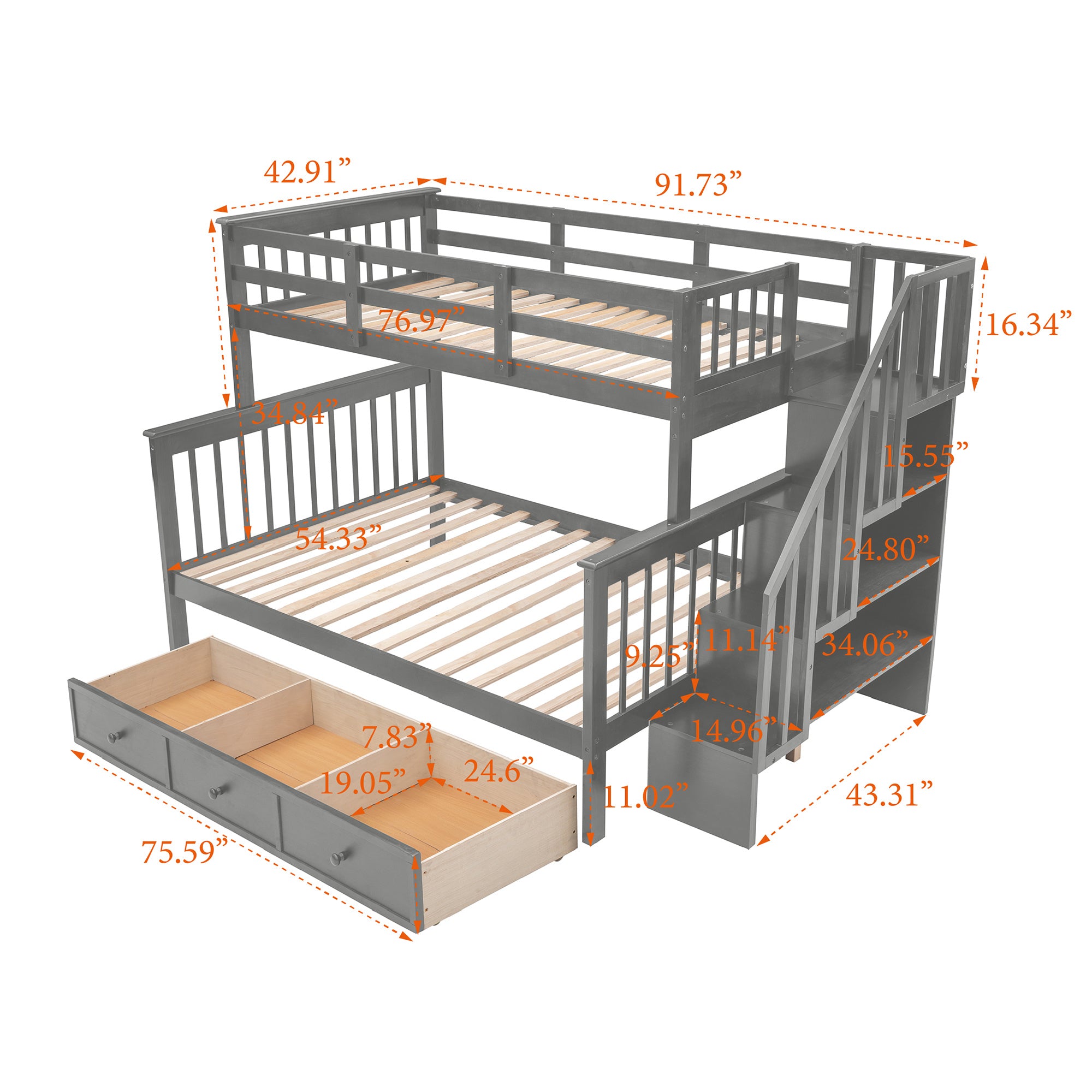 Stairway Twin-Over-Full Bunk Bed with Drawer;  Storage and Guard Rail for Bedroom;  Dorm;  for Adults