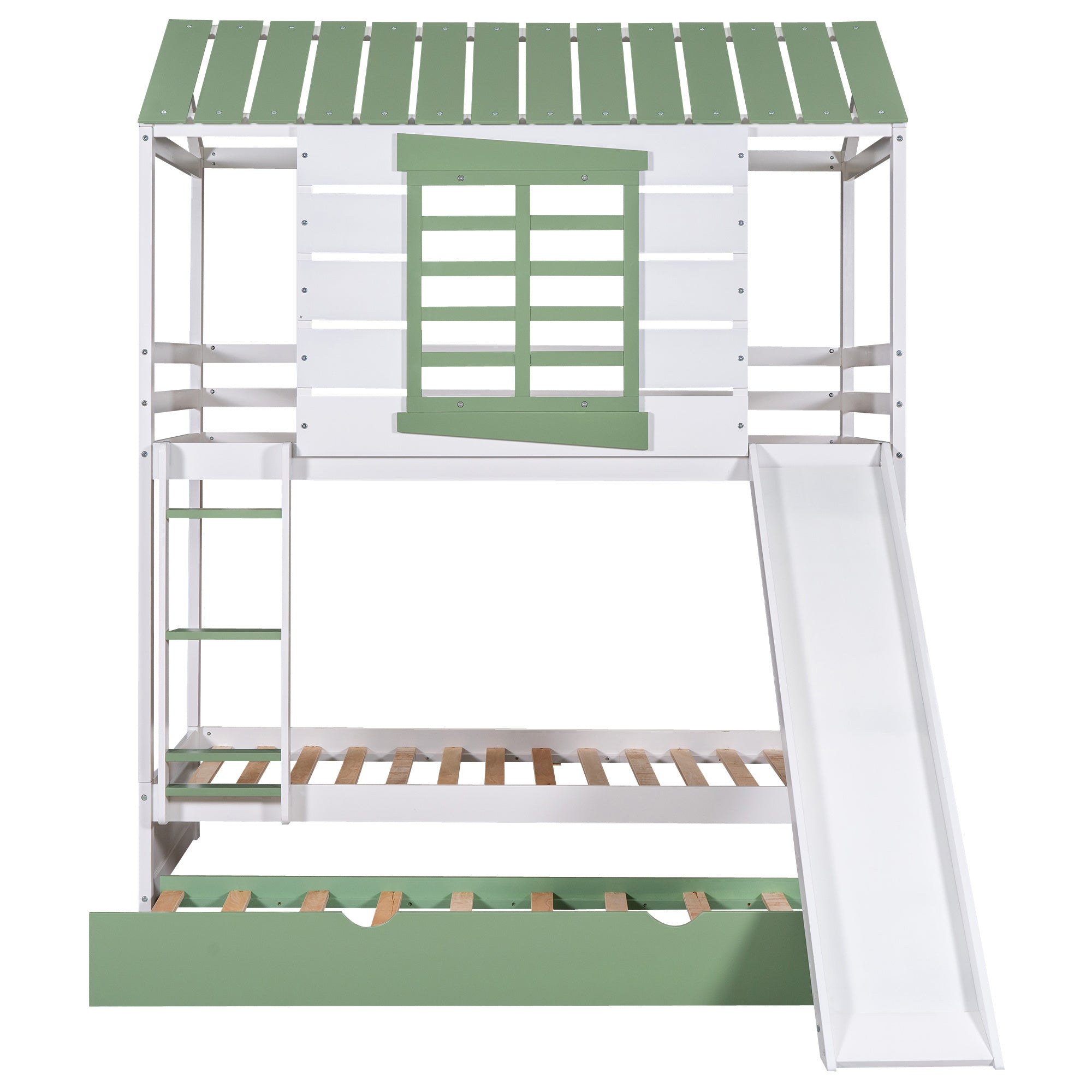 Twin over Twin Size House Bunk Bed with Convertible Slide and Trundle