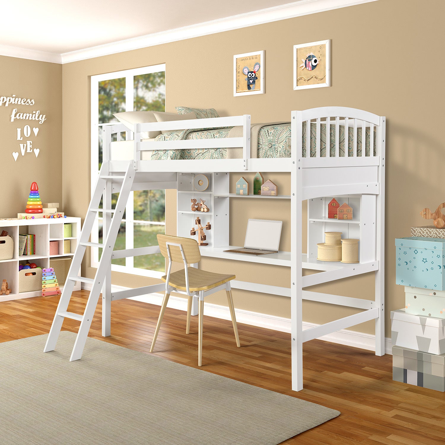 Twin size Loft Bed with Storage Shelves;  Desk and Ladder