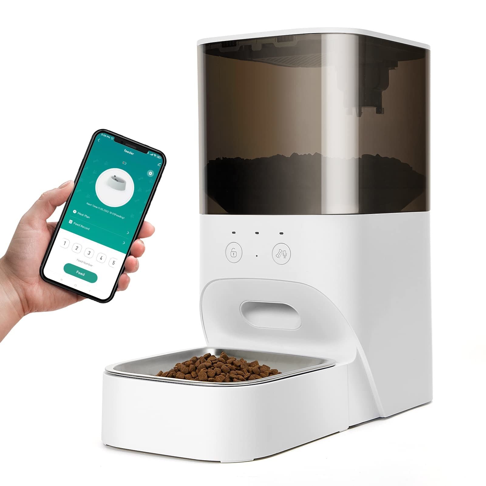 Automatic Cat Feeder, Timed Cat Feeder with APP Control, Dog Food Dispenser with Stainless Steel & Lock Lid, Up to 20 Portions 10 Meals Per Day, 30S Voice Recorder, 4L Programmable Pet Feeder