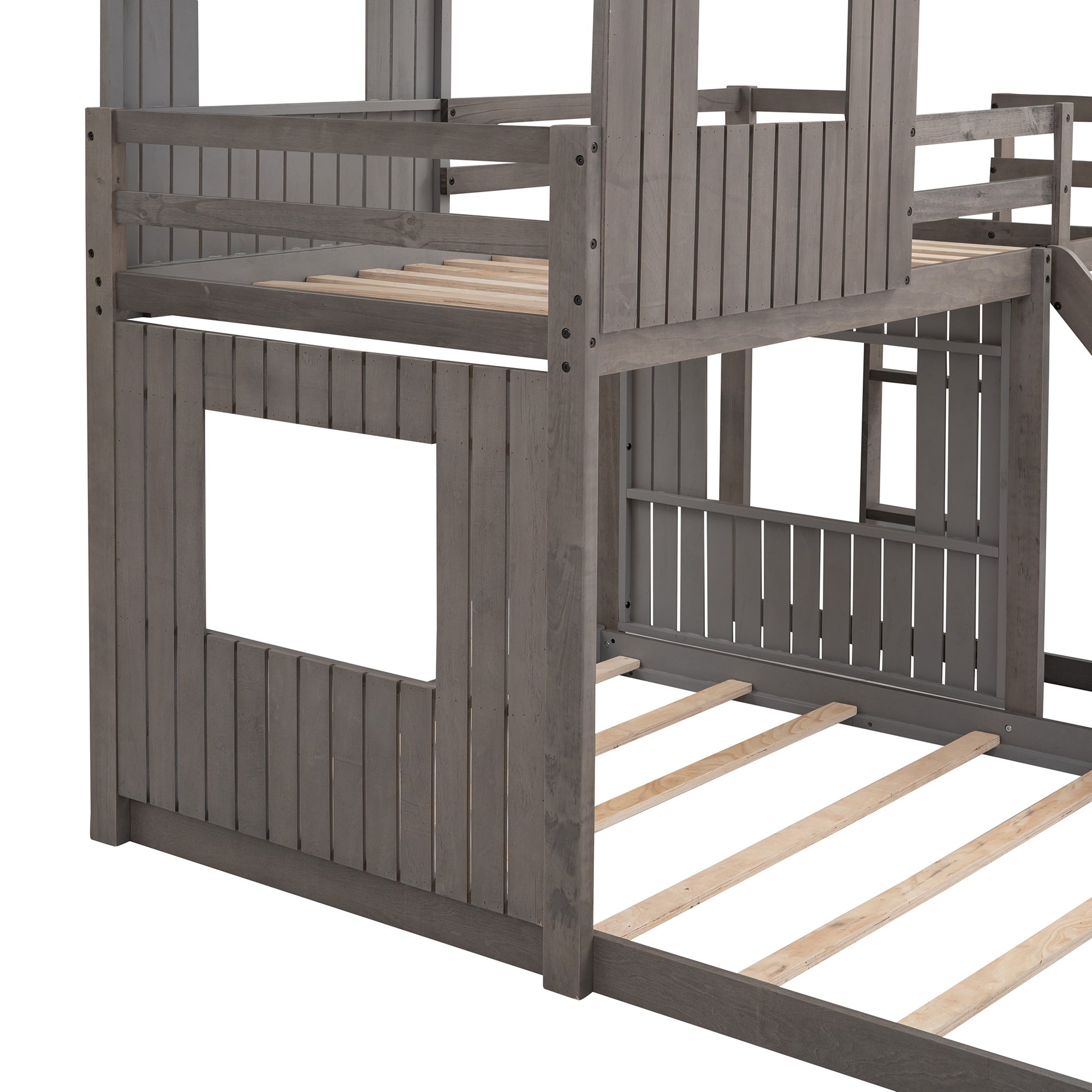 Wooden Twin Over Full Bunk Bed, Loft Bed with Playhouse, Farmhouse, Ladder, Slide and Guardrails