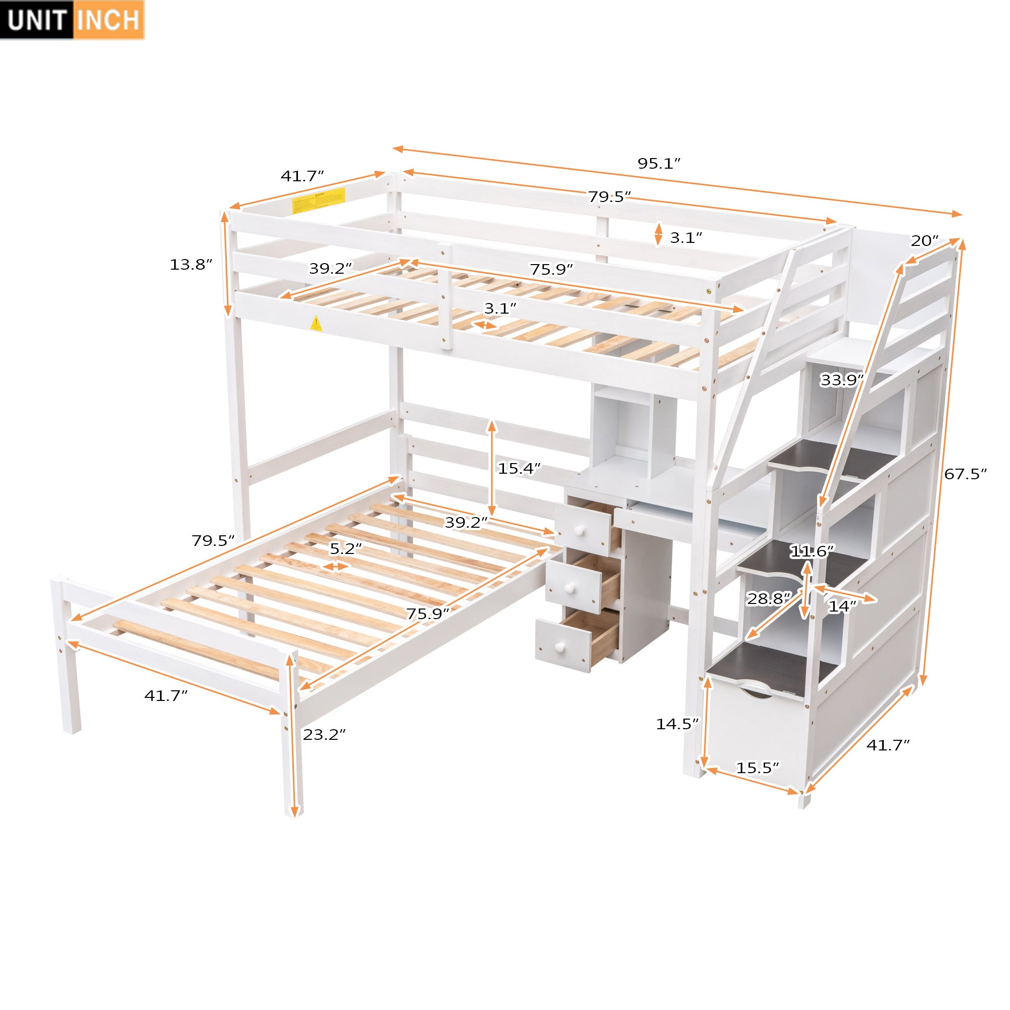 Twin Size Loft Bed with a Stand-alone Bed;  Storage Staircase;  Desk;  Shelves and Drawers