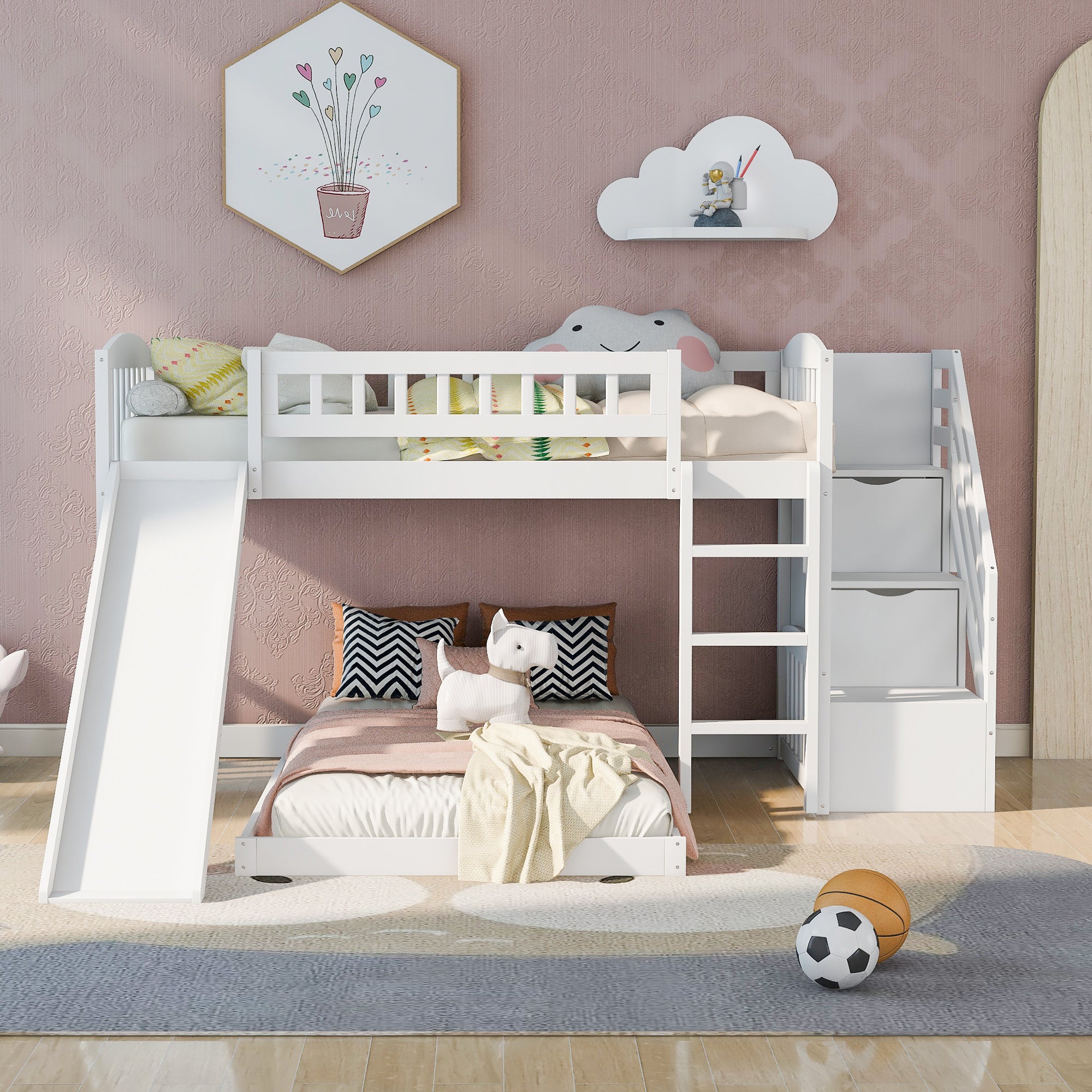 Stairway Twin over Twin Bunk Bed with Two Drawers and Slide