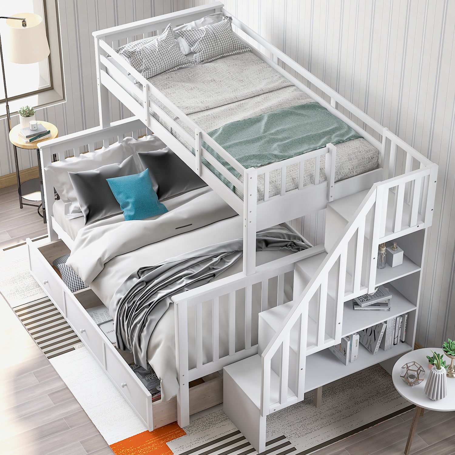 Stairway Twin-Over-Full Bunk Bed with Drawer;  Storage and Guard Rail for Bedroom;  Dorm;  for Adults