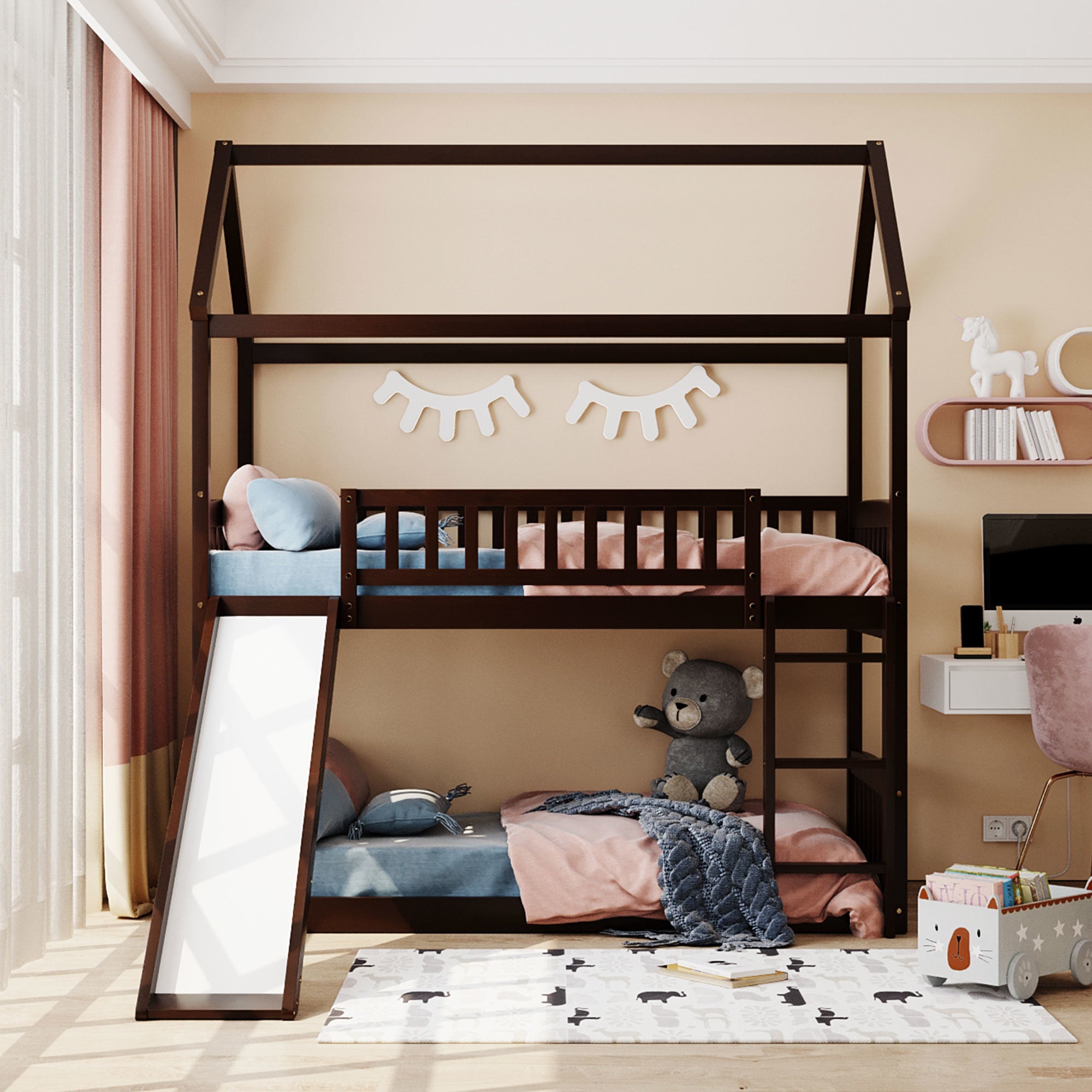 Twin Over Twin Bunk Bed with Slide, House Bed with Slide