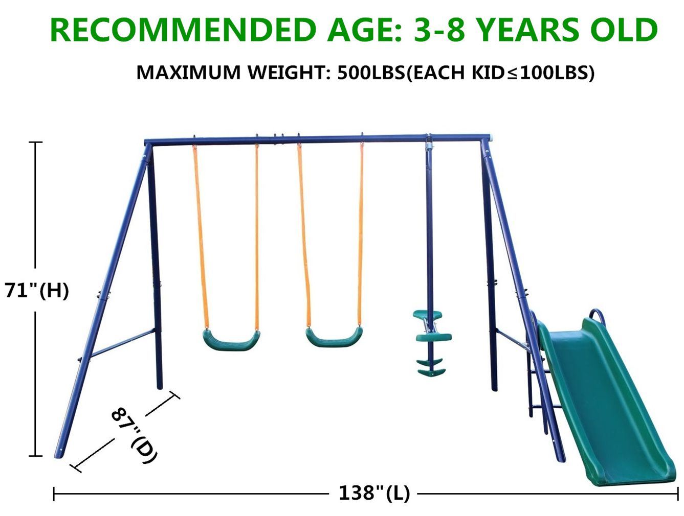 A-Frame Metal Swing Set w/ Slide (Blue, Green, Orange)