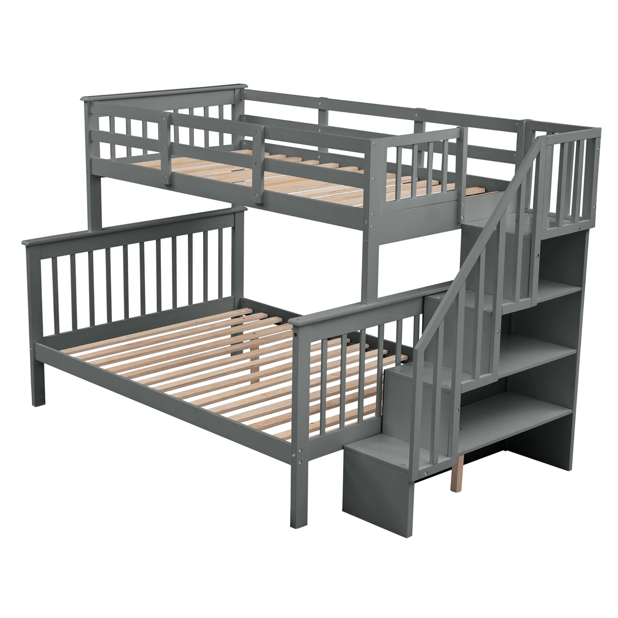 Stairway Twin-Over-Full Bunk Bed with Storage and Guard Rail for Bedroom