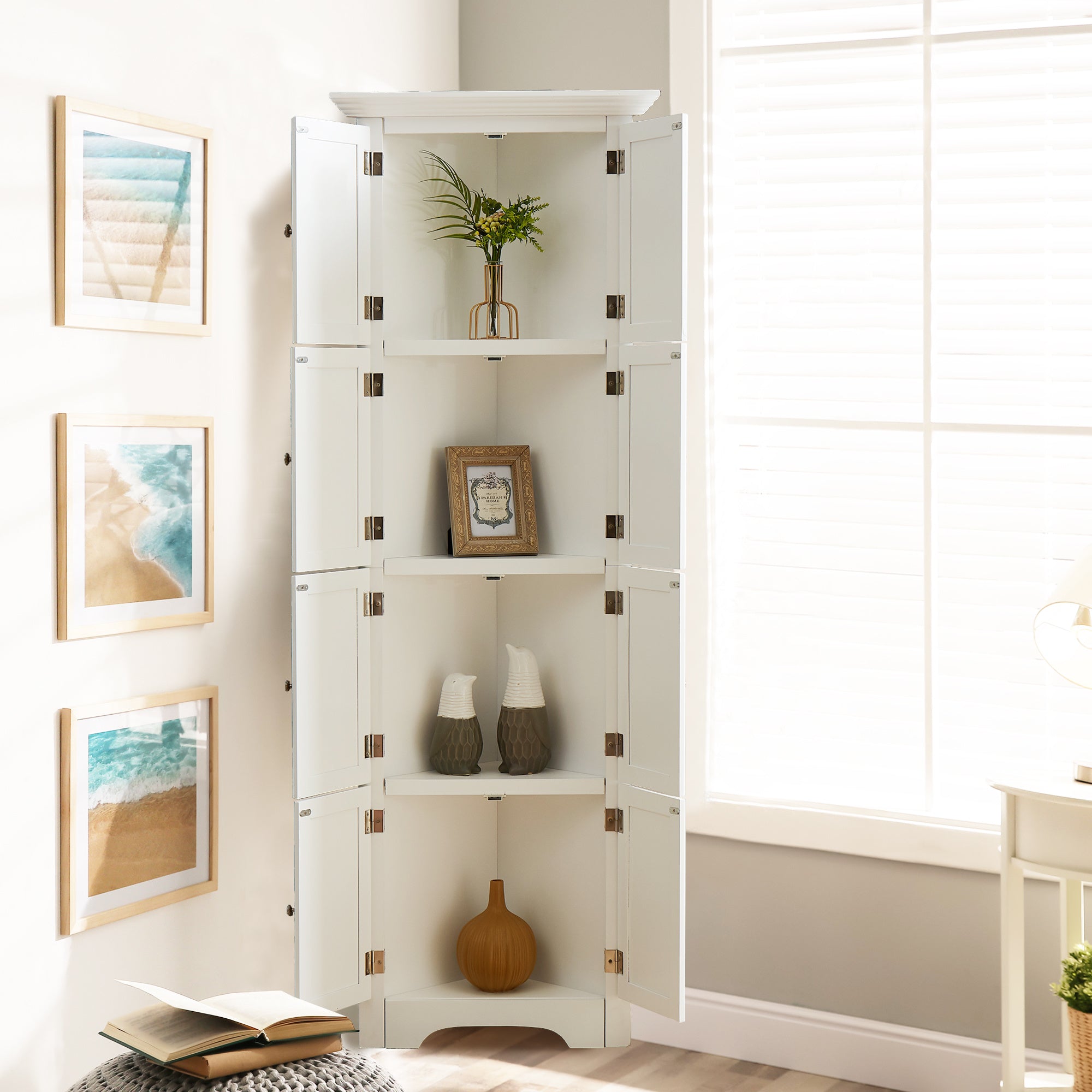 Tall Storage Cabinet with Doors and 4 Shelves for Living Room, Kitchen, Office, Bedroom, Bathroom, Modern, White