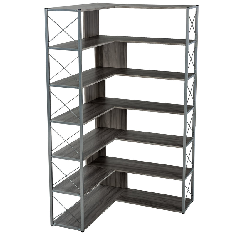 Silver+Grey 7-Tier Bookcase Home Office Bookshelf, L-Shaped Corner Bookcase with Metal Frame, Industrial Style Shelf with Open Storage, MDF Board