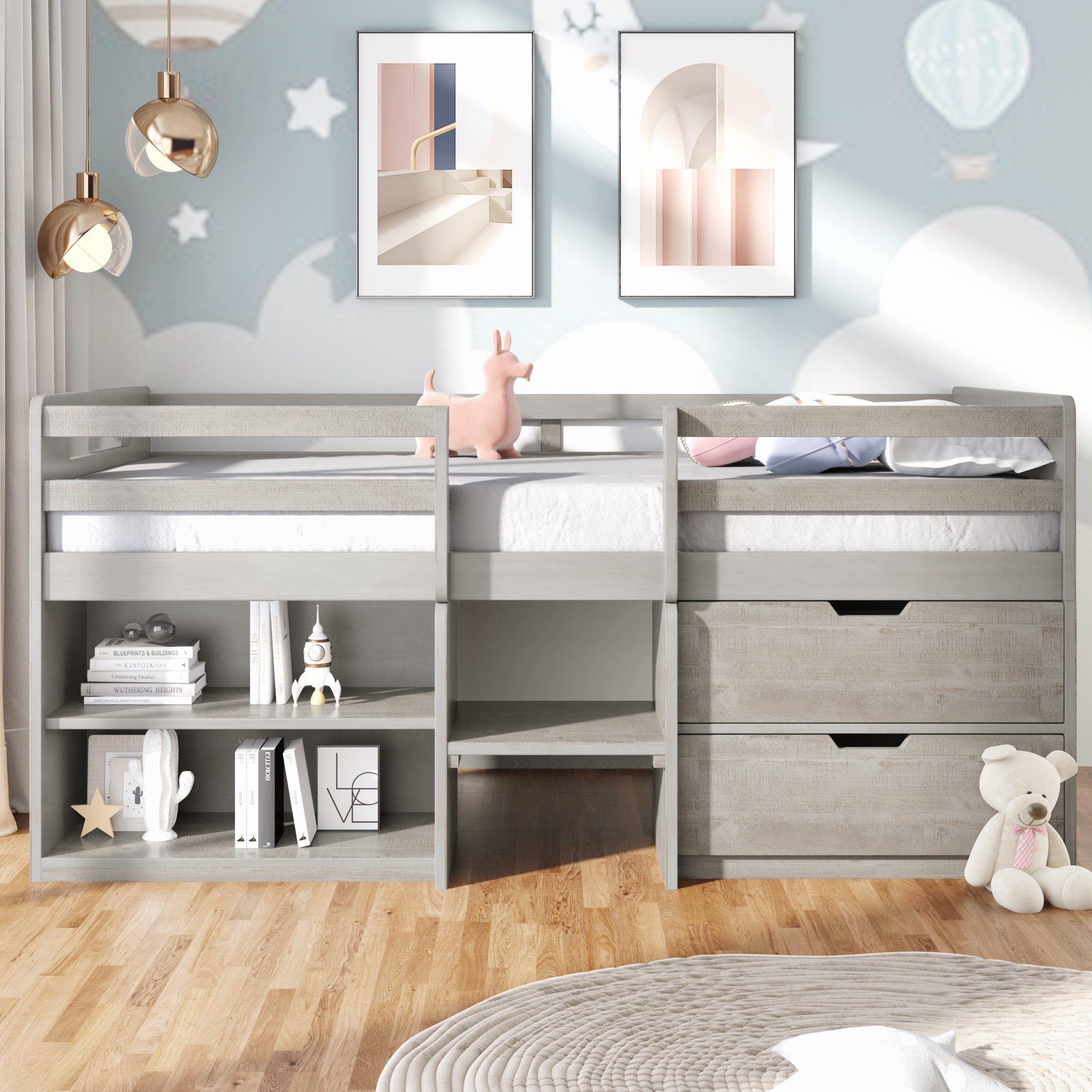 Twin size Loft Bed with Two Shelves and Two drawers