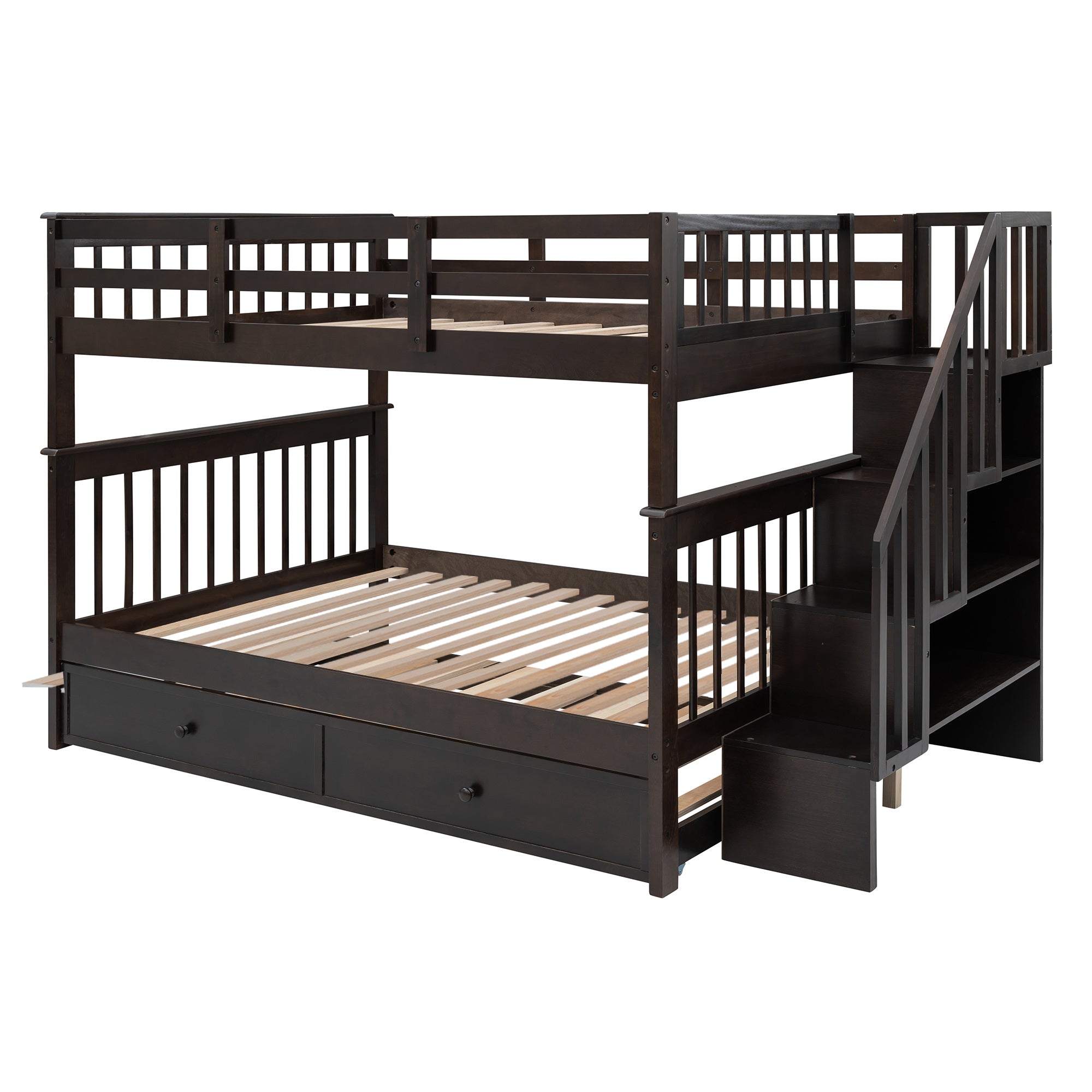 Stairway Full-Over-Full Bunk Bed with Twin size Trundle;  Storage and Guard Rail for Bedroom;  Dorm