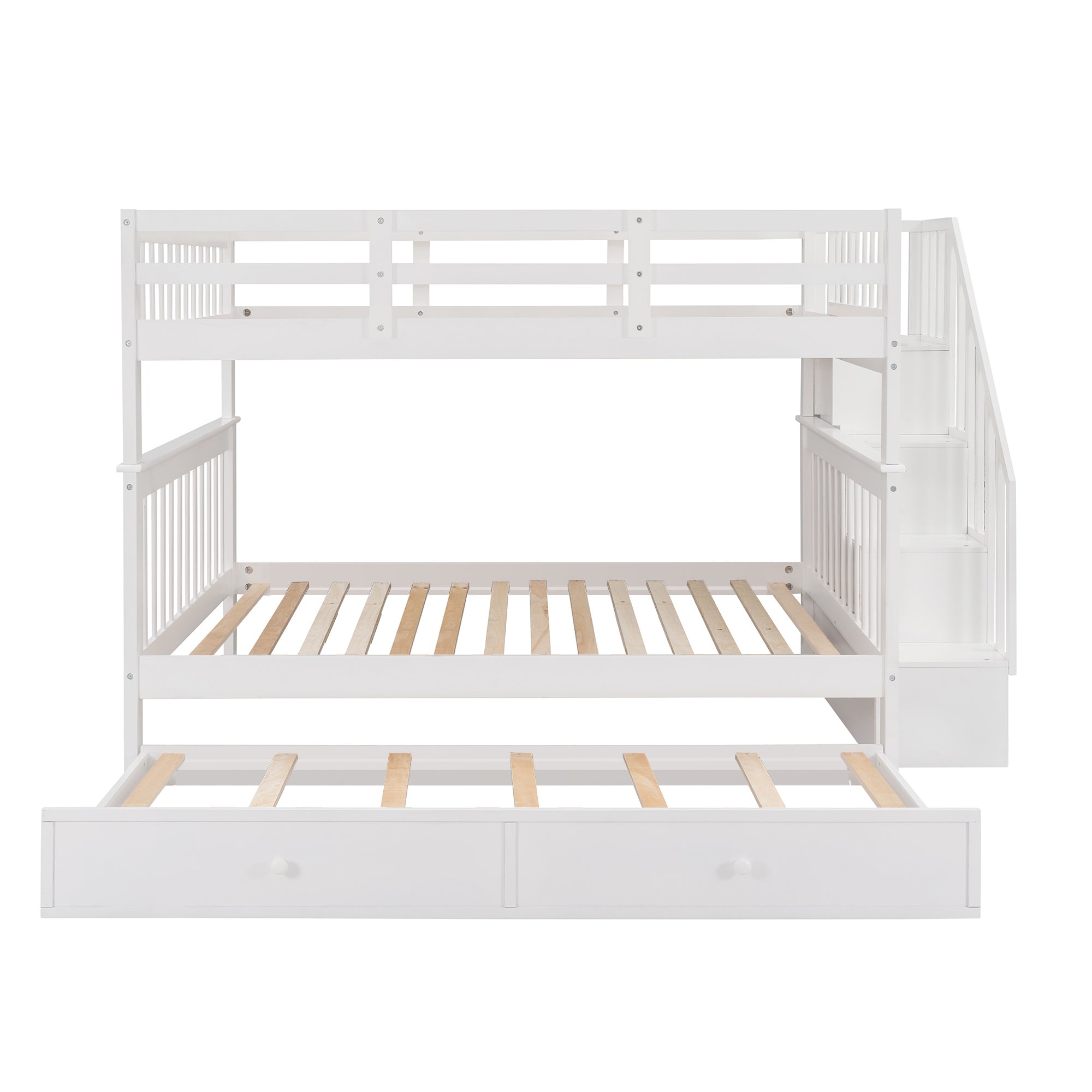 Stairway Full-Over-Full Bunk Bed with Twin size Trundle;  Storage and Guard Rail for Bedroom;  Dorm