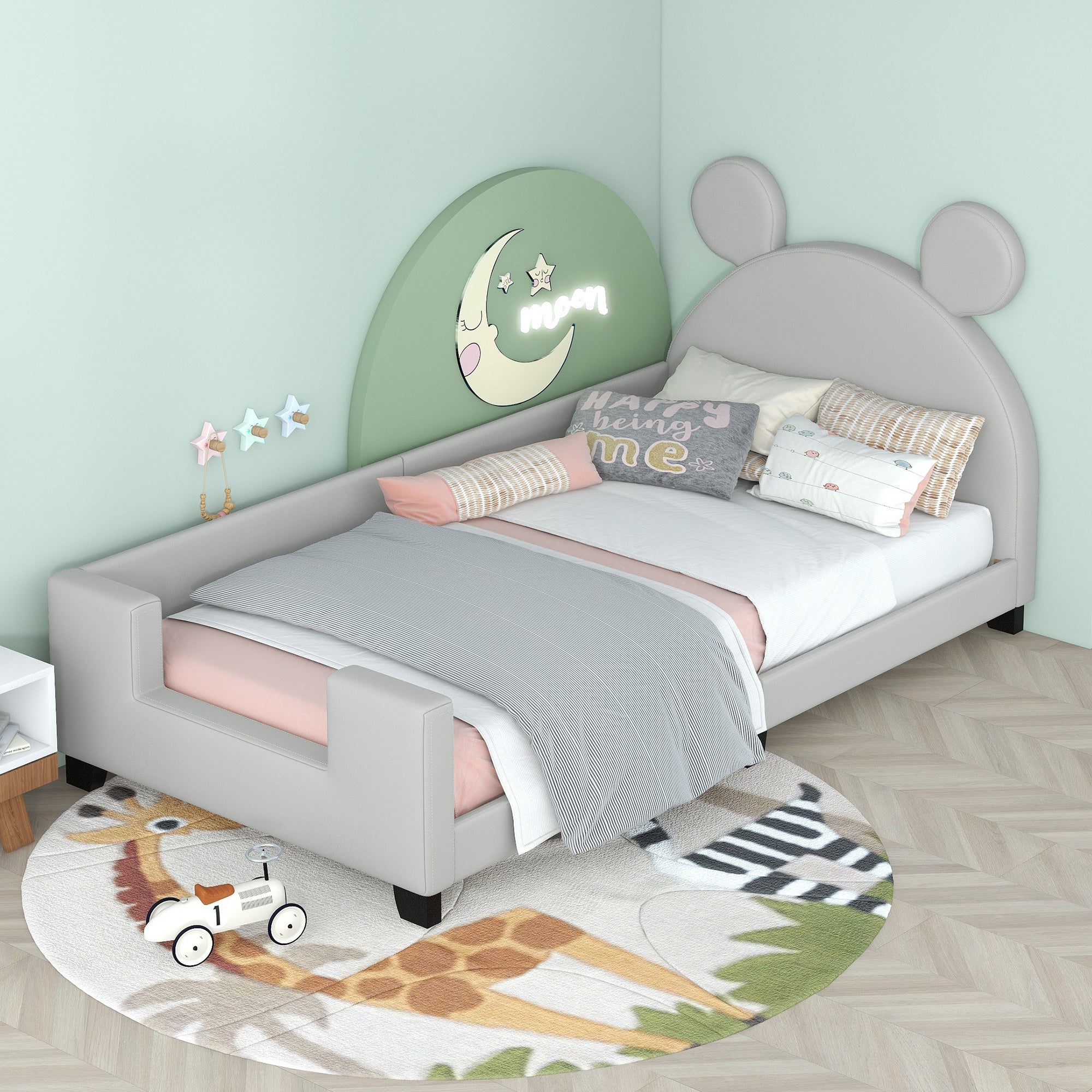 Twin Size Upholstered Daybed with Carton Ears Shaped Headboard