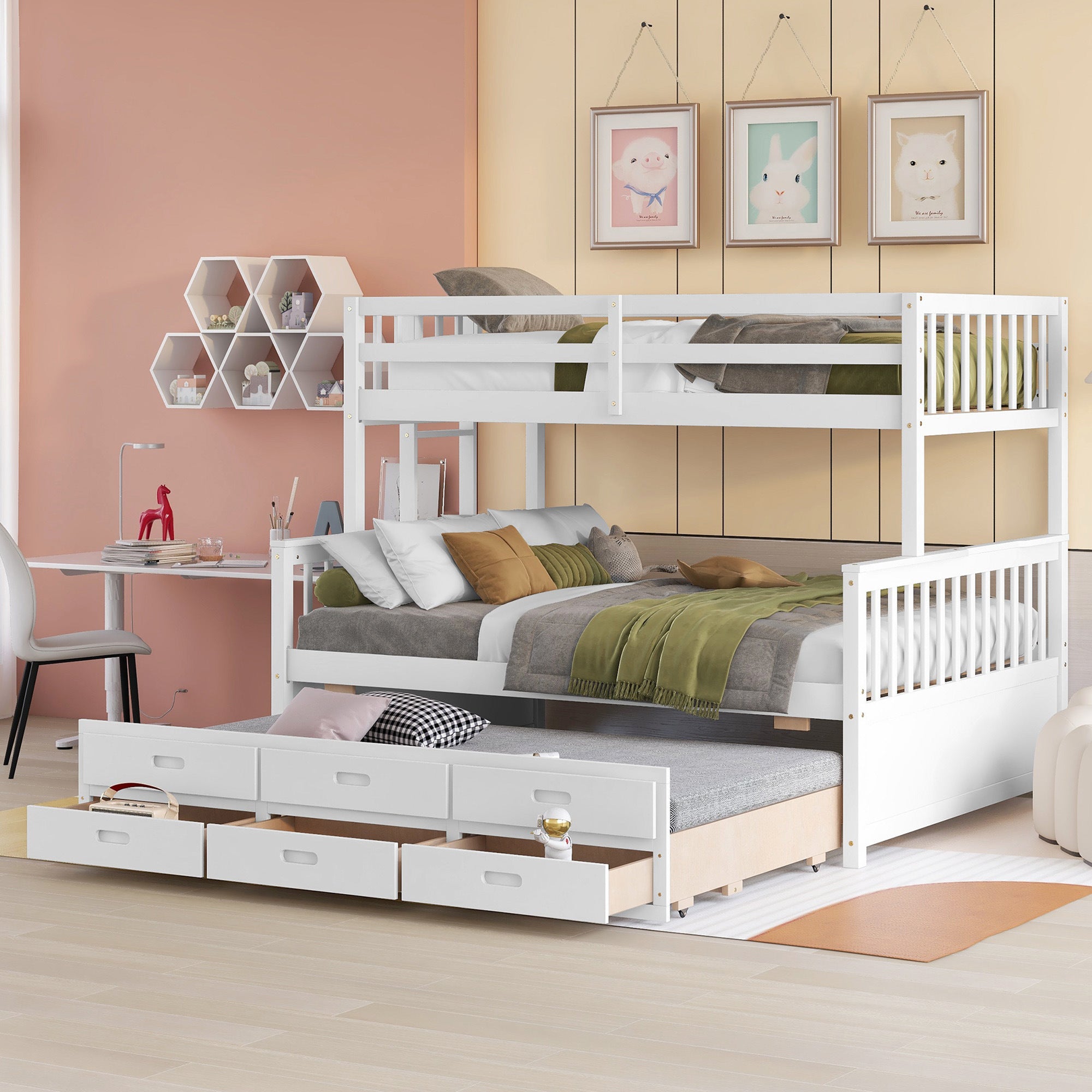 Twin-Over-Full Bunk Bed with Twin size Trundle ;  Separable Bunk Bed with Drawers for Bedroom