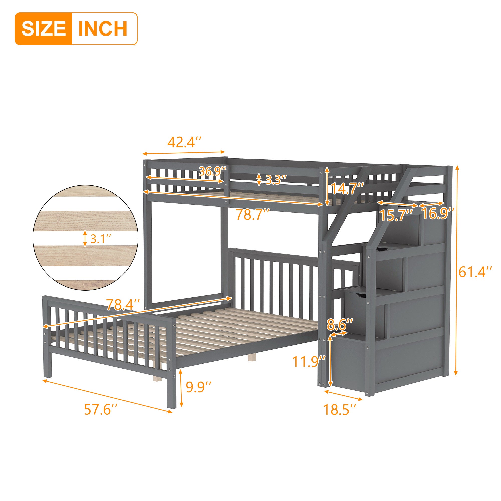 Twin over Full Loft Bed with Staircase,Gray