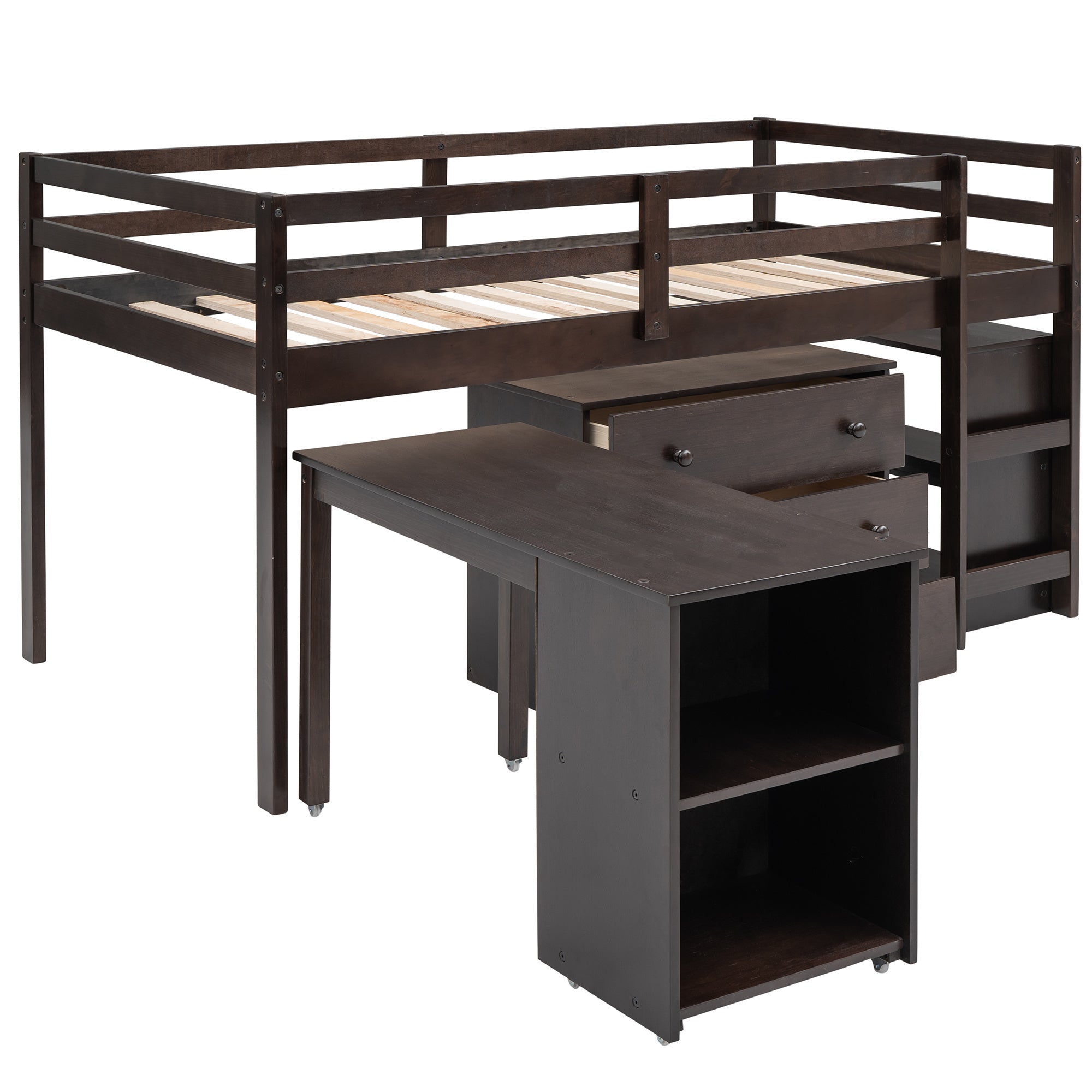 Low Study Twin Loft Bed with Cabinet and Rolling Portable Desk